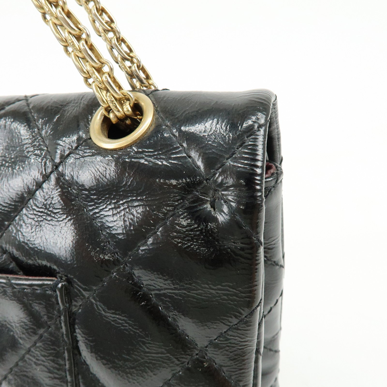 CHANEL 2.55 Patent Leather Chain Shoulder Bag Turn Lock Black