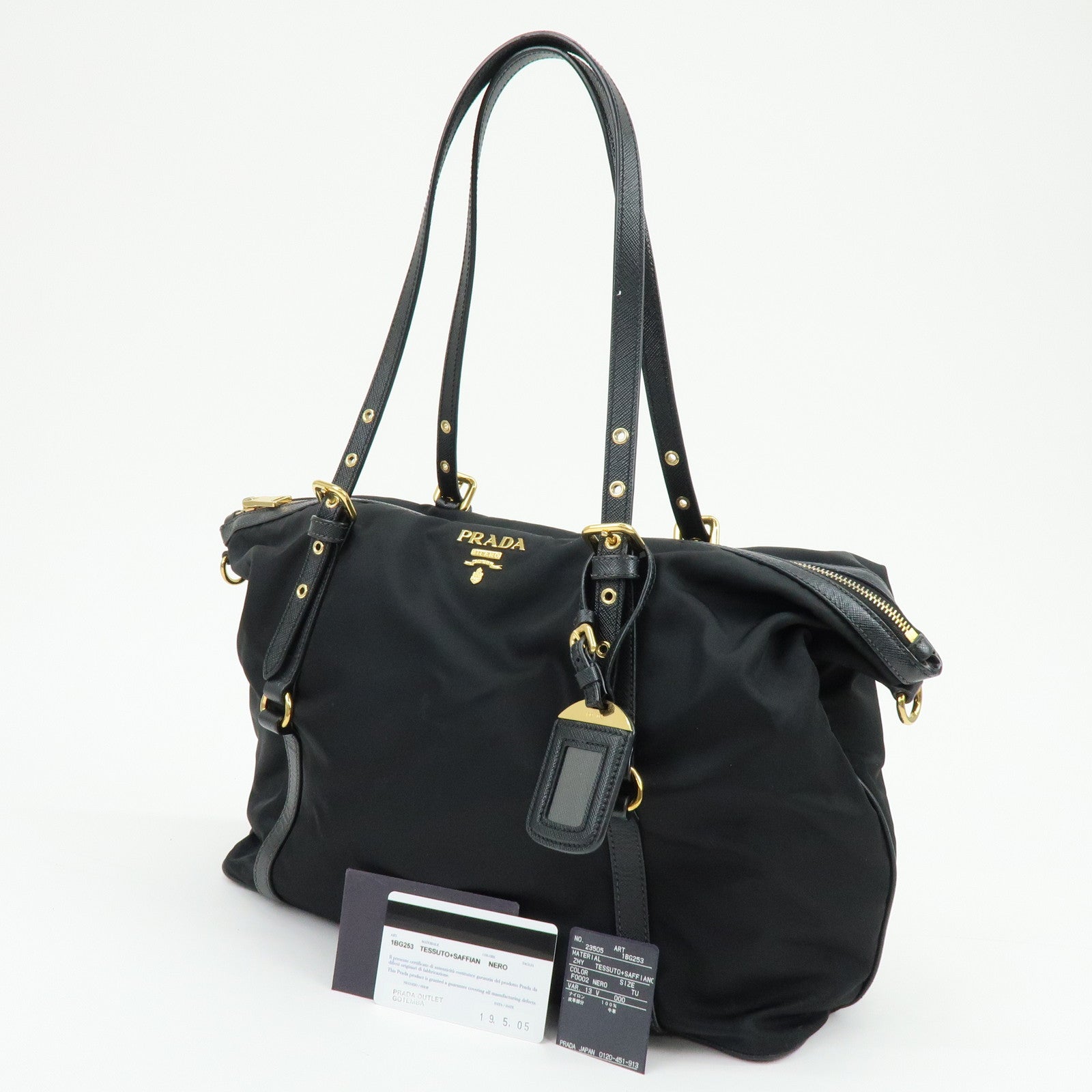 PRADA Logo Nylon Saffiano Leather Shoulder Bag Black 1BG253
