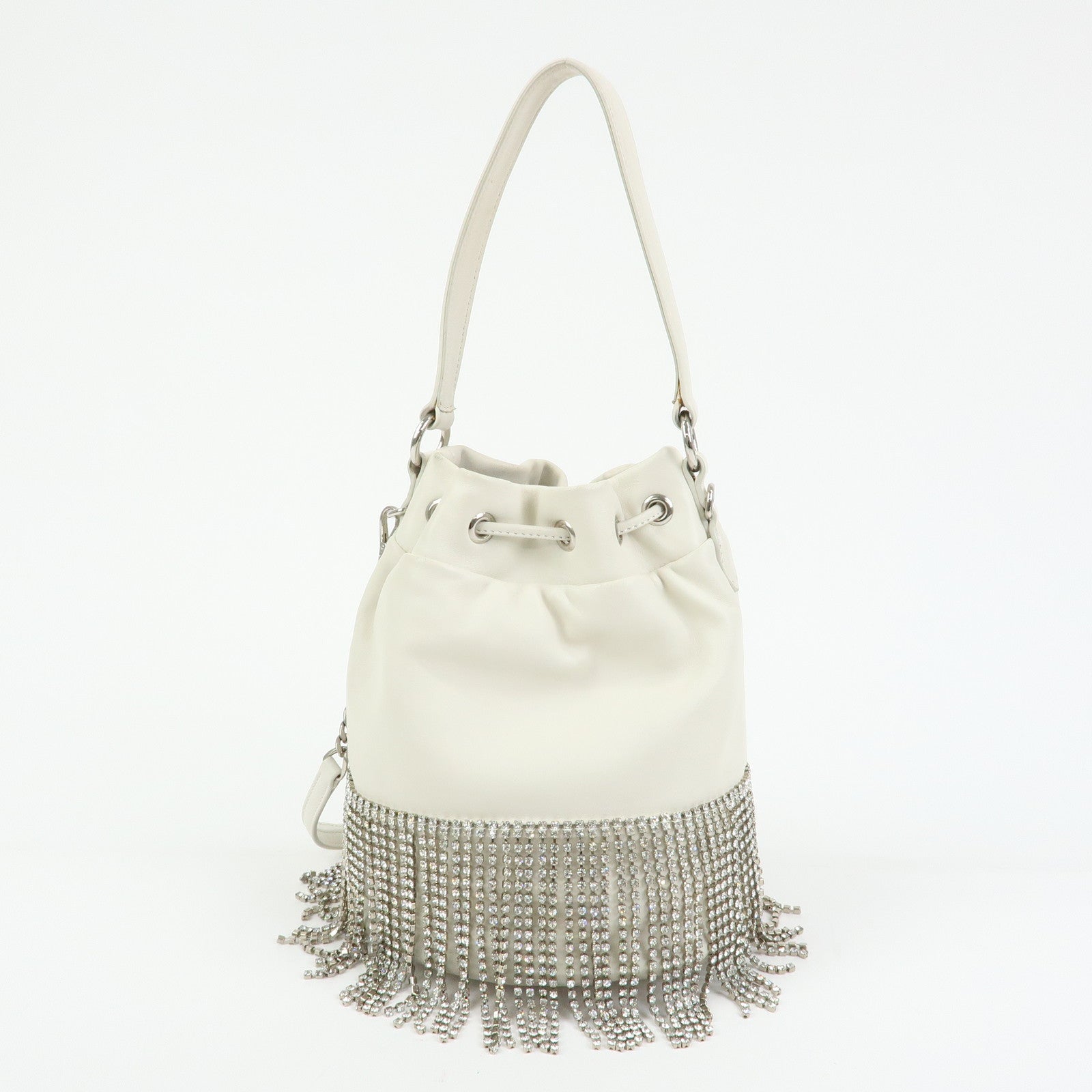 MIU MIU Nappa Leather 2Way Hand Bag Shoulder Bag Fringe White 5BE014