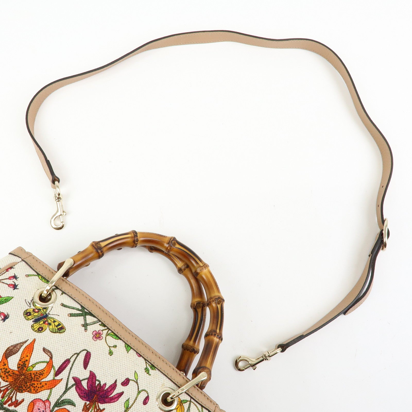 GUCCI Bamboo Flora Canvas Leather 2Way Bag Japan Limited Ivory 336032
