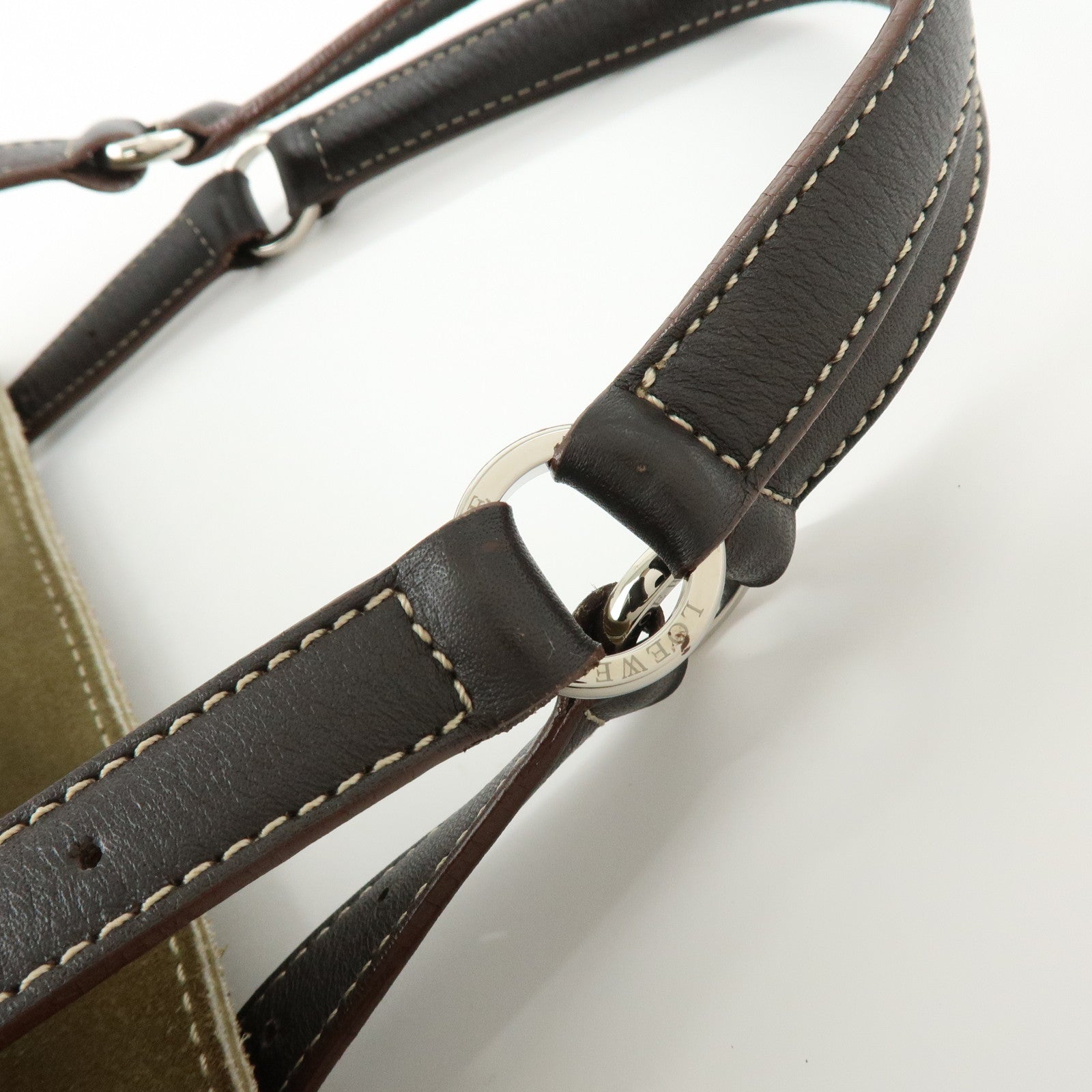 LOEWE Anagram Suede Leather Hand Bag Tote Bag Studs Khaki Brown