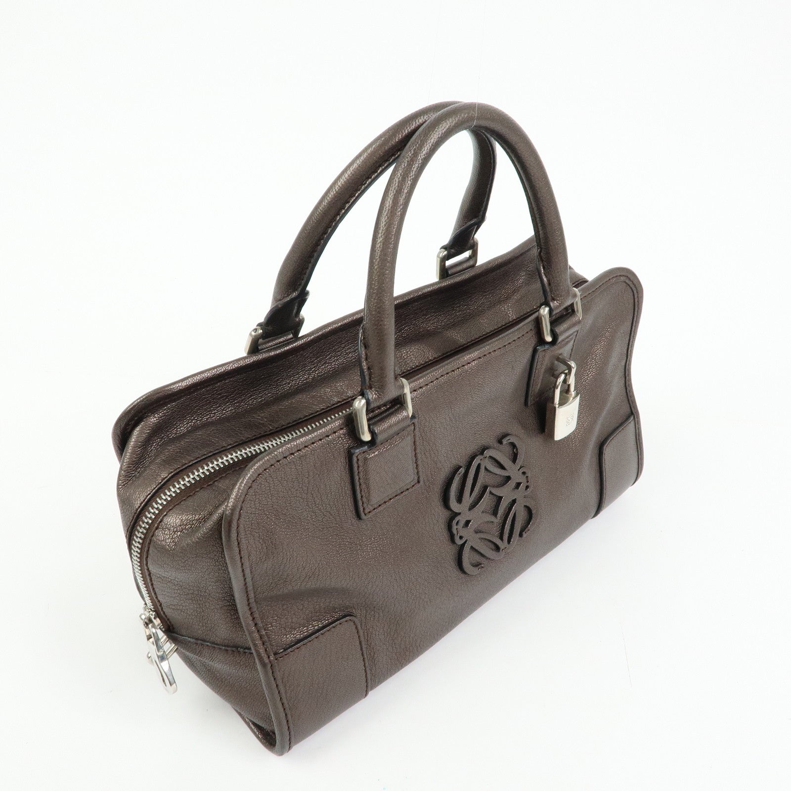 LOEWE Anagram Amazona 28 Leather Hand Bag Boston Bag Metallic Brown