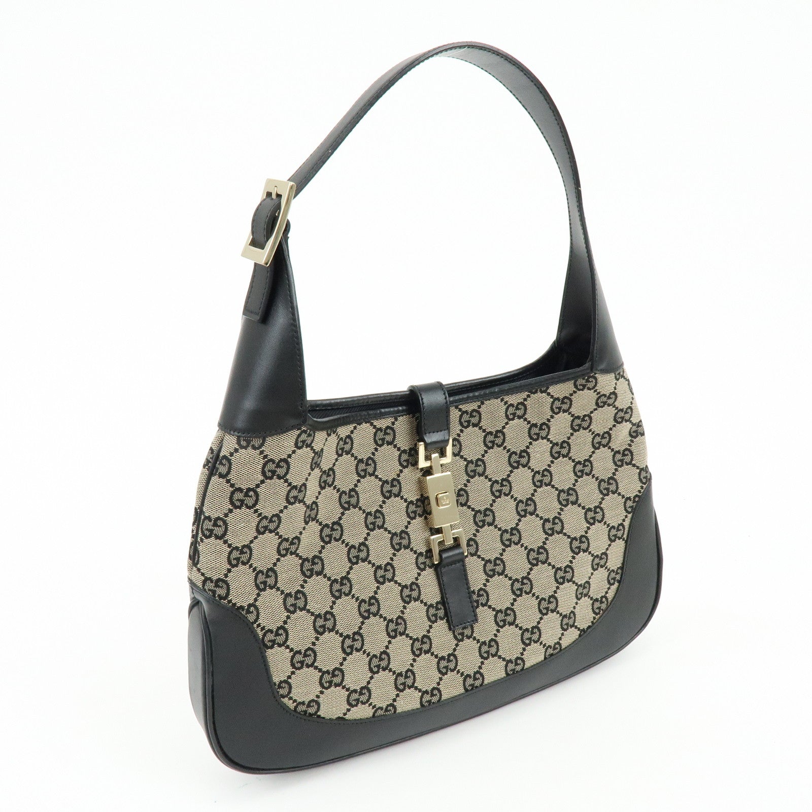 GUCCI Jackie GG Canvas Leather Shoulder Hand Bag Beige Black 001・3306