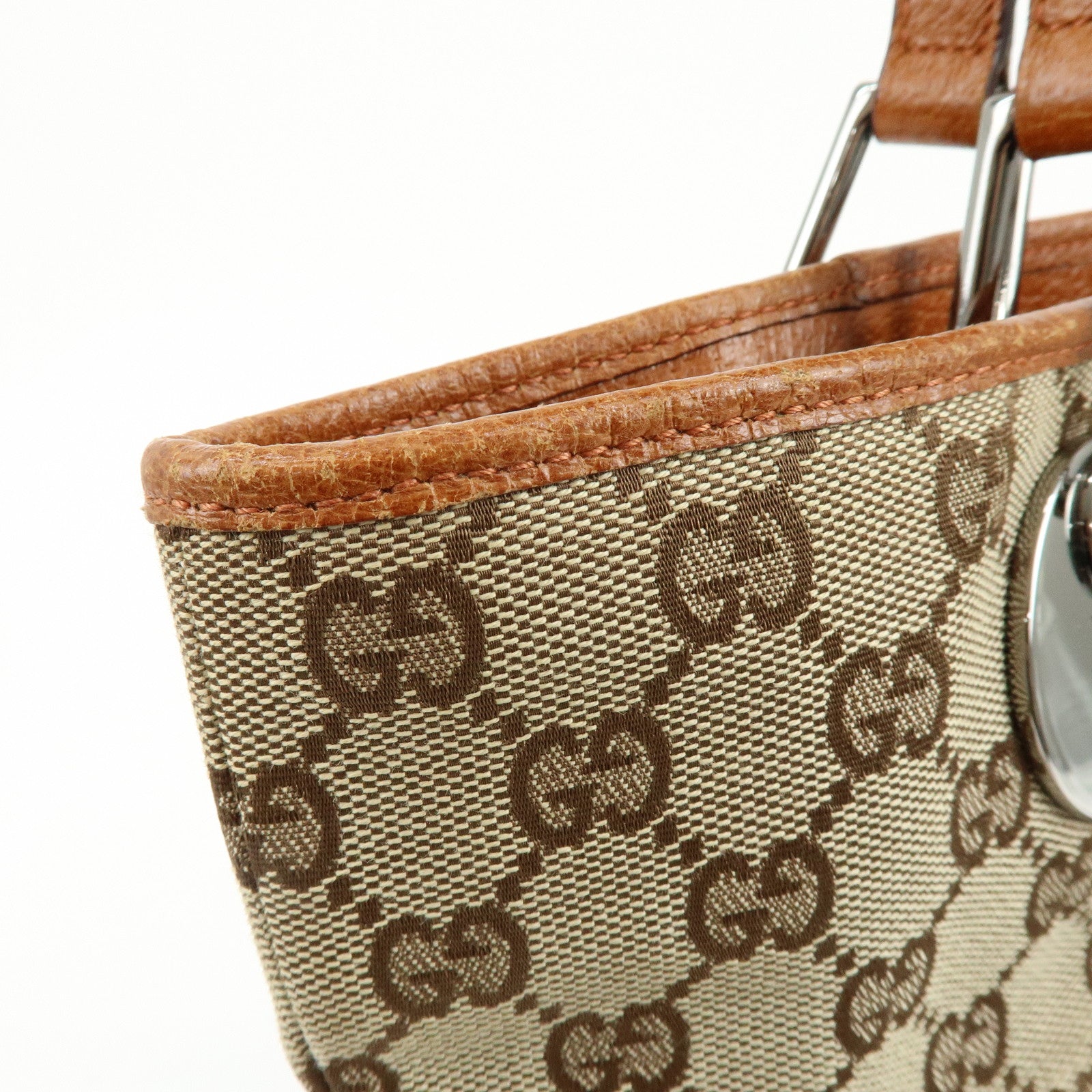 GUCCI GG Canvas Leather Tote Bag Shoulder Bag Beige Orange 120836