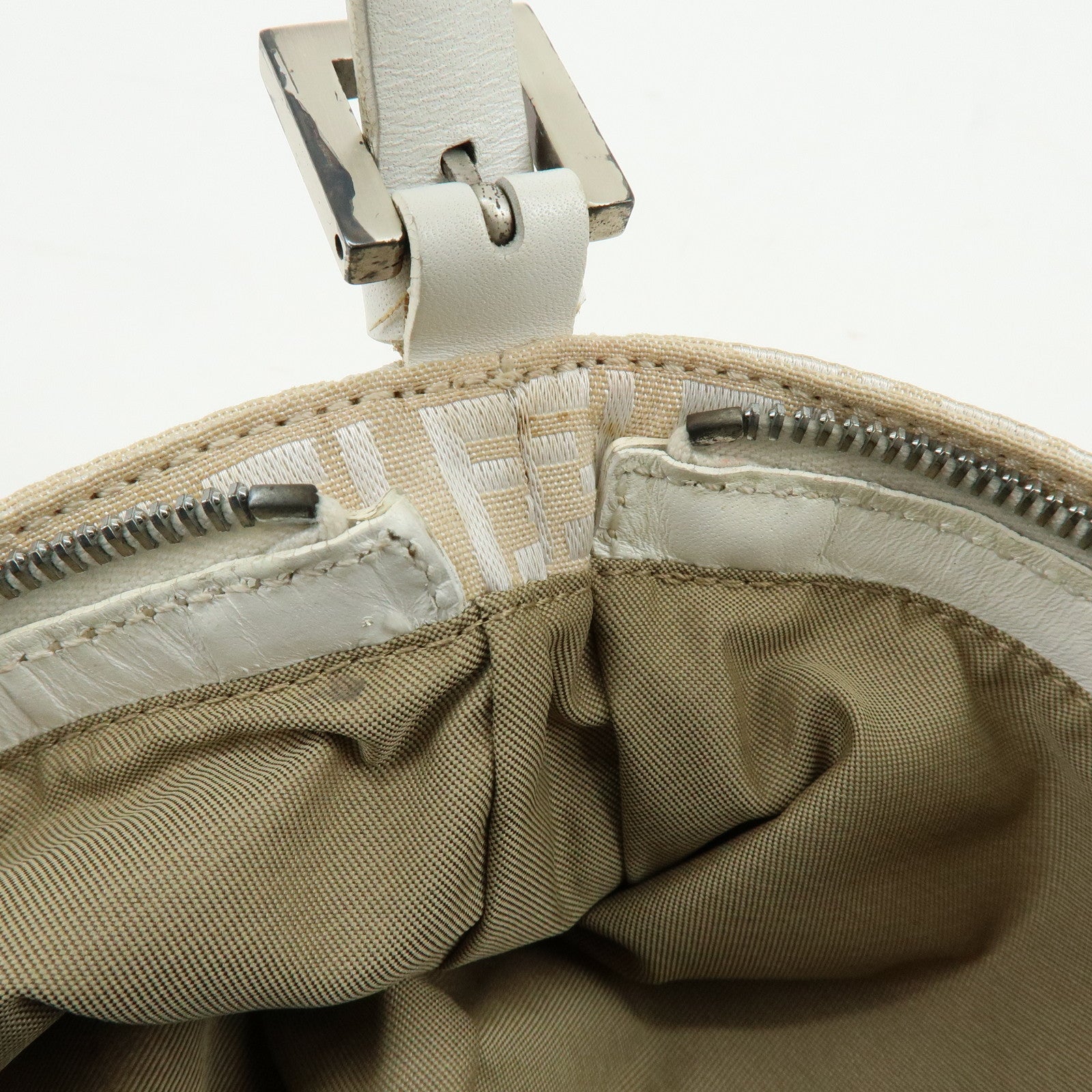 FENDI Zucchino Canvas Leather Shoulder Bag Hand Bag Beige White 8BR042