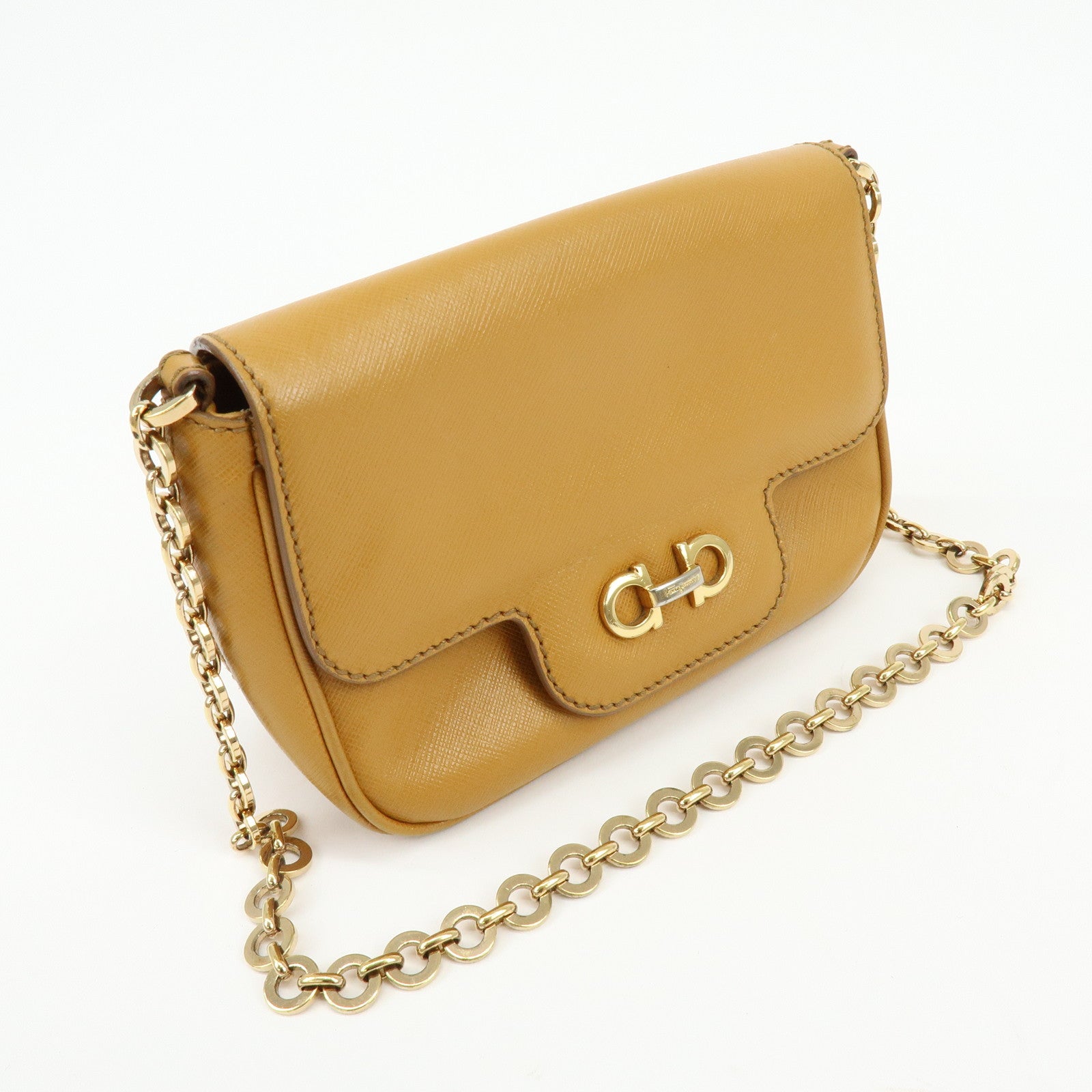 Ferragamo Gancini Leather Chain Shoulder Bag Crossbody Bag Light Brown