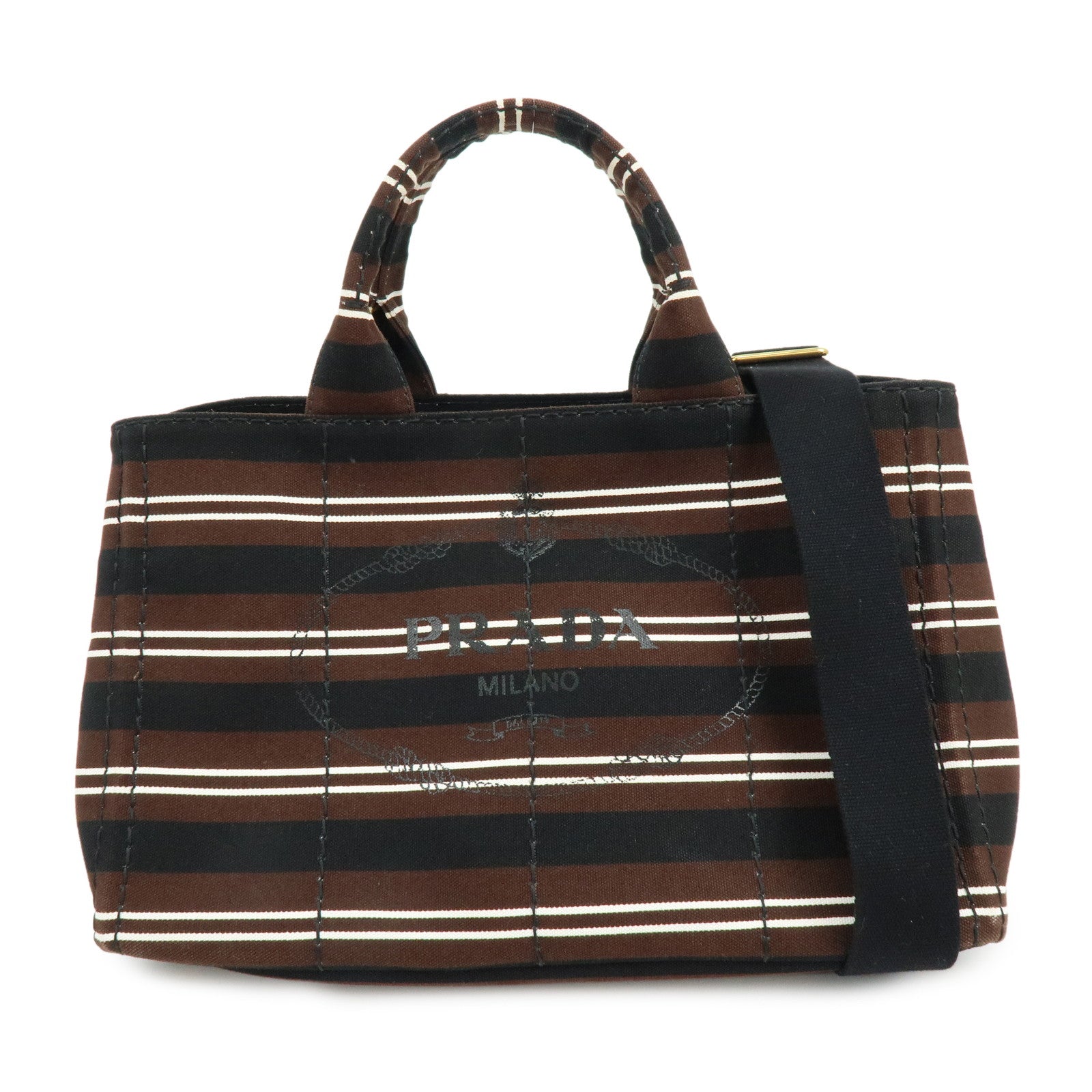 PRADA Canapa Triangle Logo Canvas 2Way Bag Hand Bag Striped B2642B
