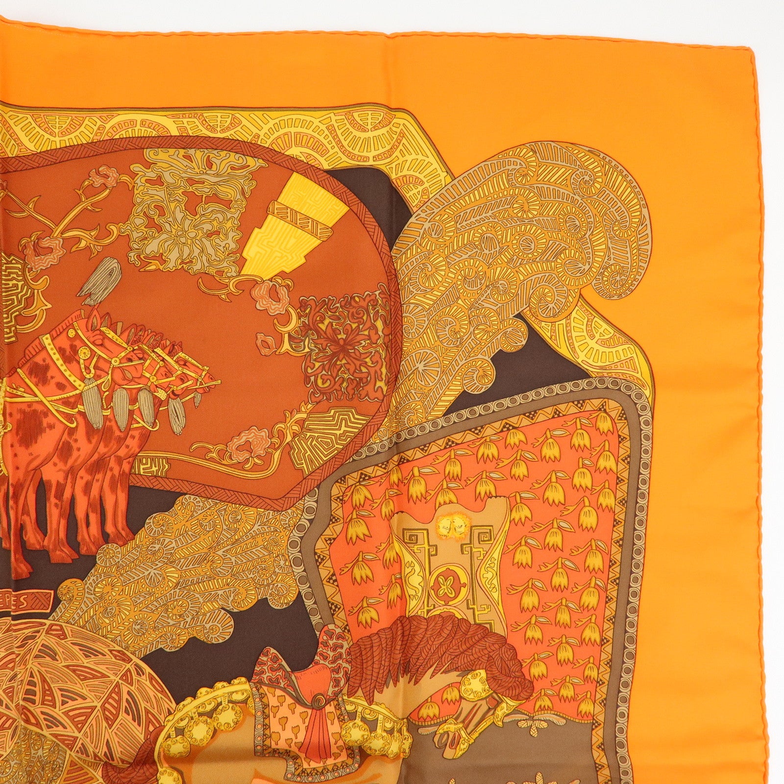 HERMES Carre 90 Silk 100% Scarf ART des STEPPES Horse Print Orange