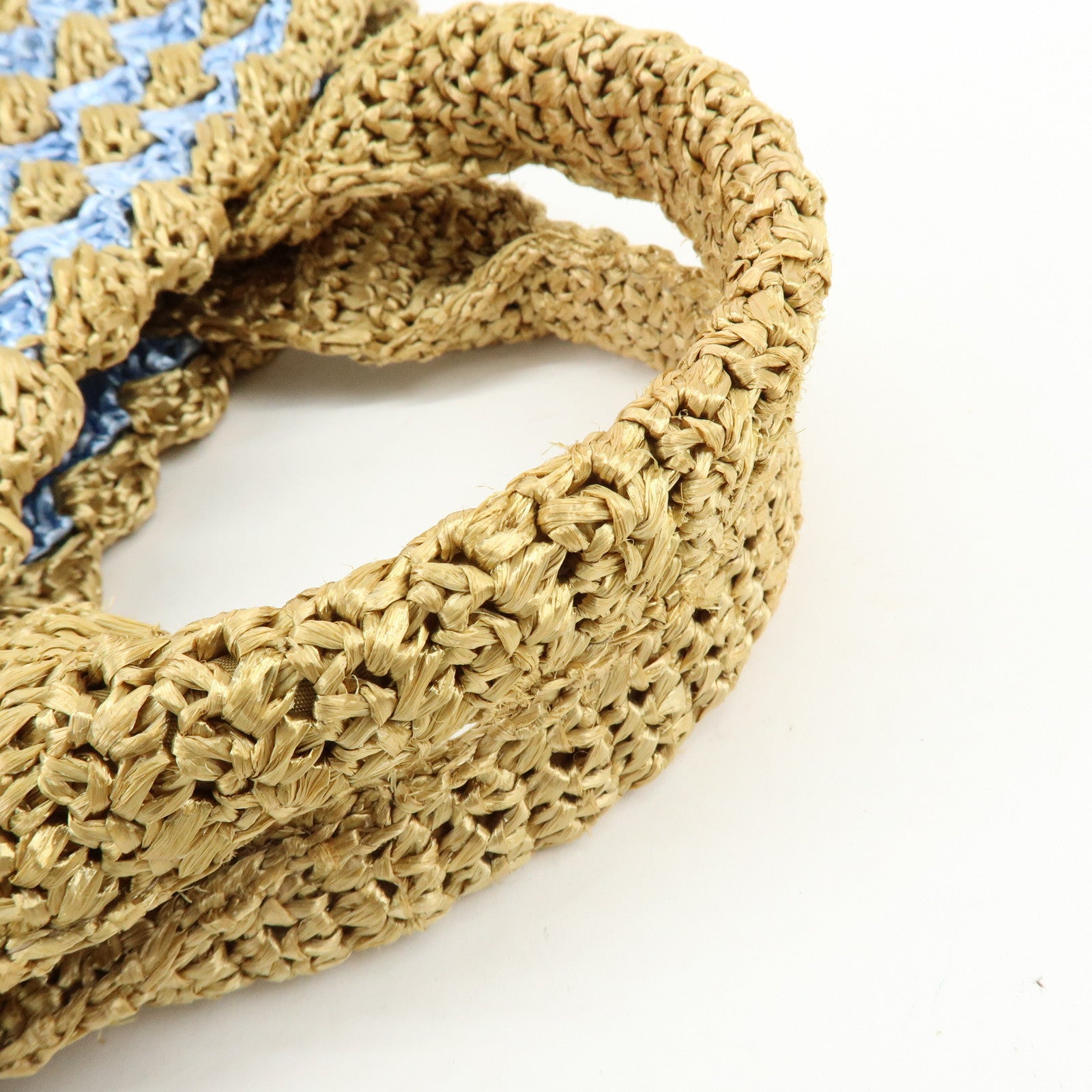 PRADA Traingle Logo Canapa Raffia Tote Bag Hand Bag Natural Blue