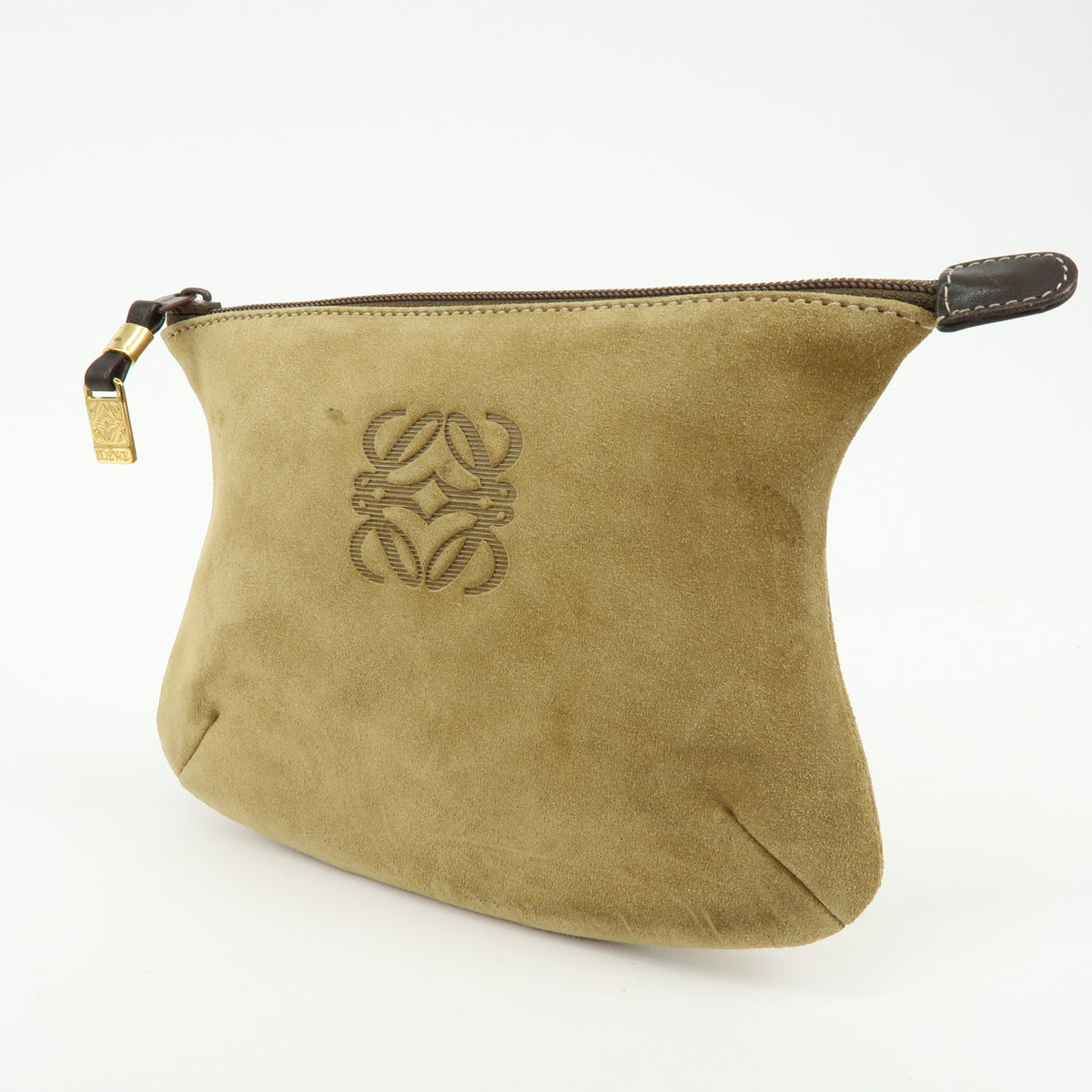 LOEWE Anagram Suede Accessory Pouch Makeup Bag Pouch Beige Gold