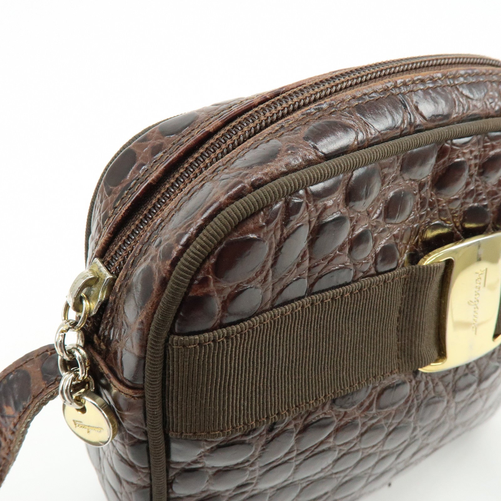Ferragamo Vara Embossed Leather Shoulder Bag Crossbody Bag Brown