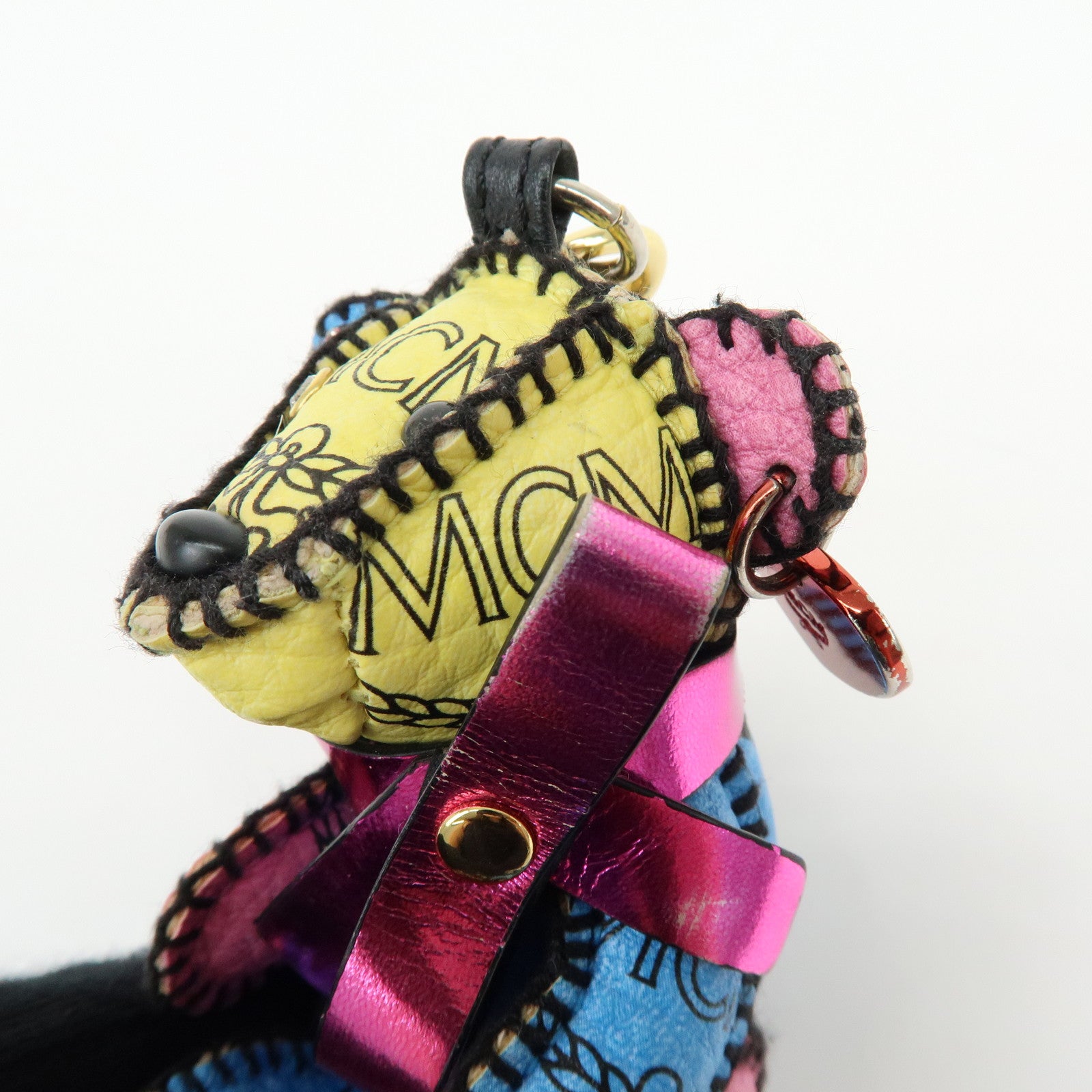 MCM Visetos Bear Leather Bag Charm Key Chain Yellow Pink Blue