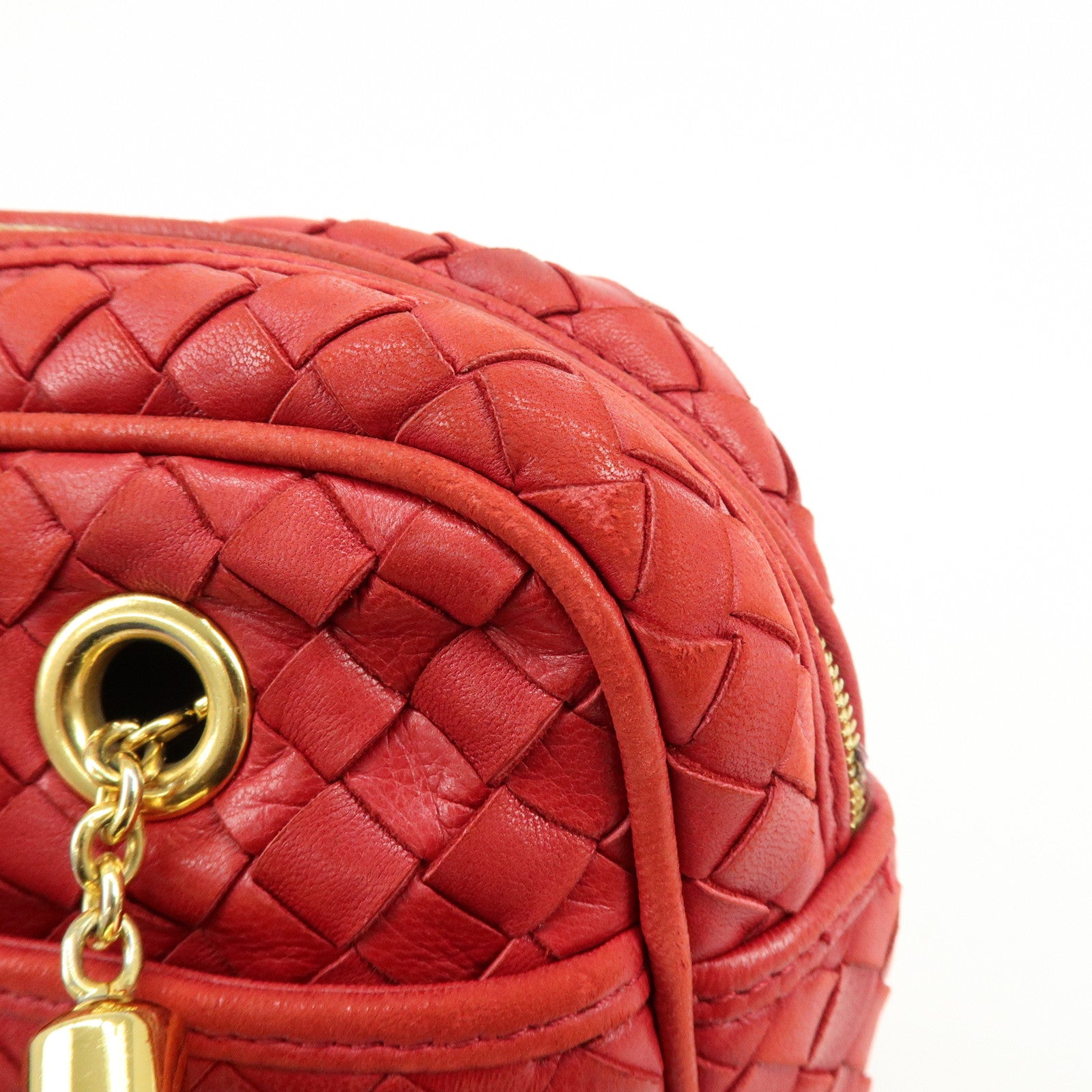 BOTTEGA VENETA Intrecciato Leather Shoulder Bag Tassel Red