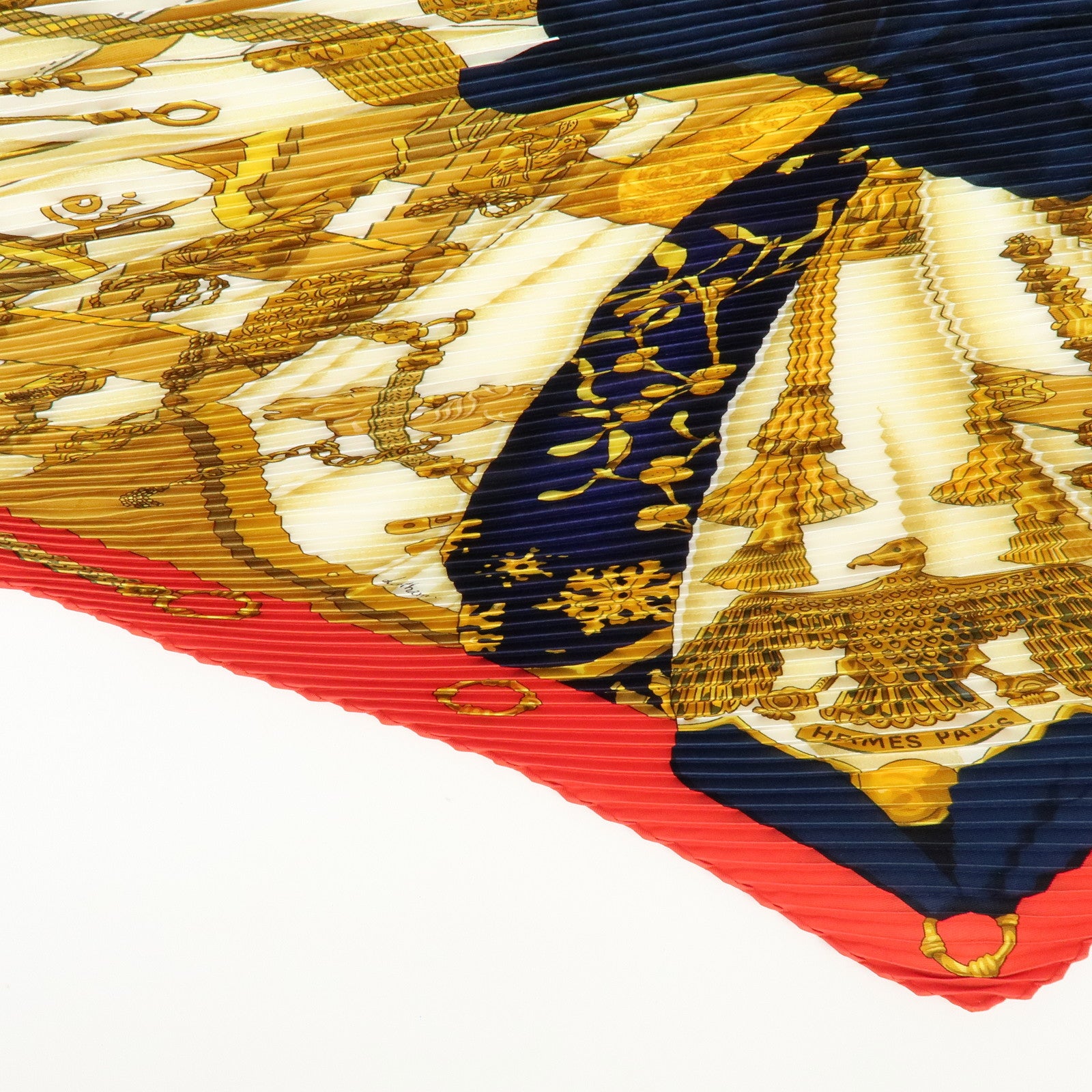 HERMES Pleated Carre Silk 100% Scarf SOLEIL DE SOIE Gold Red Navy