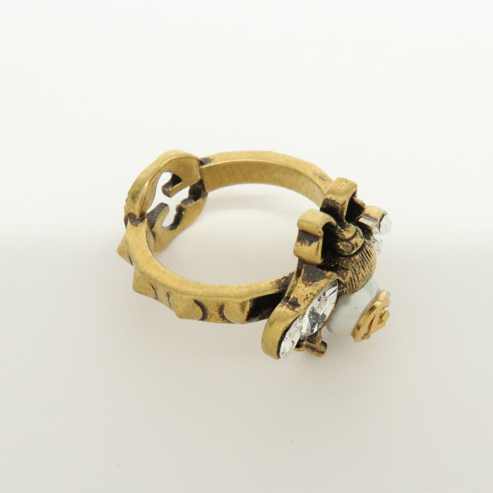 GUCCI Interlocking G Bee Metal Rhinestone Imitation Pearl Ring XS