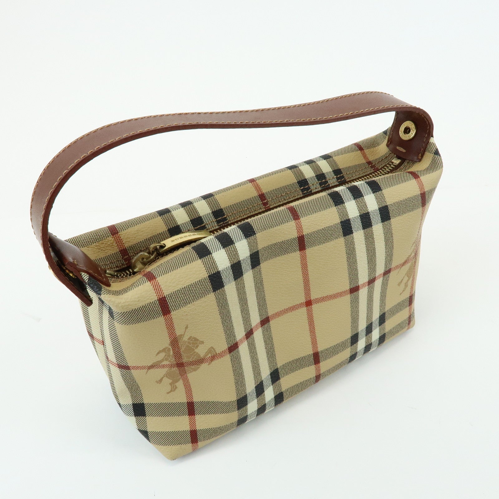 BURBERRY Nova Plaid PVC Leather Hand Bag Pouch Beige