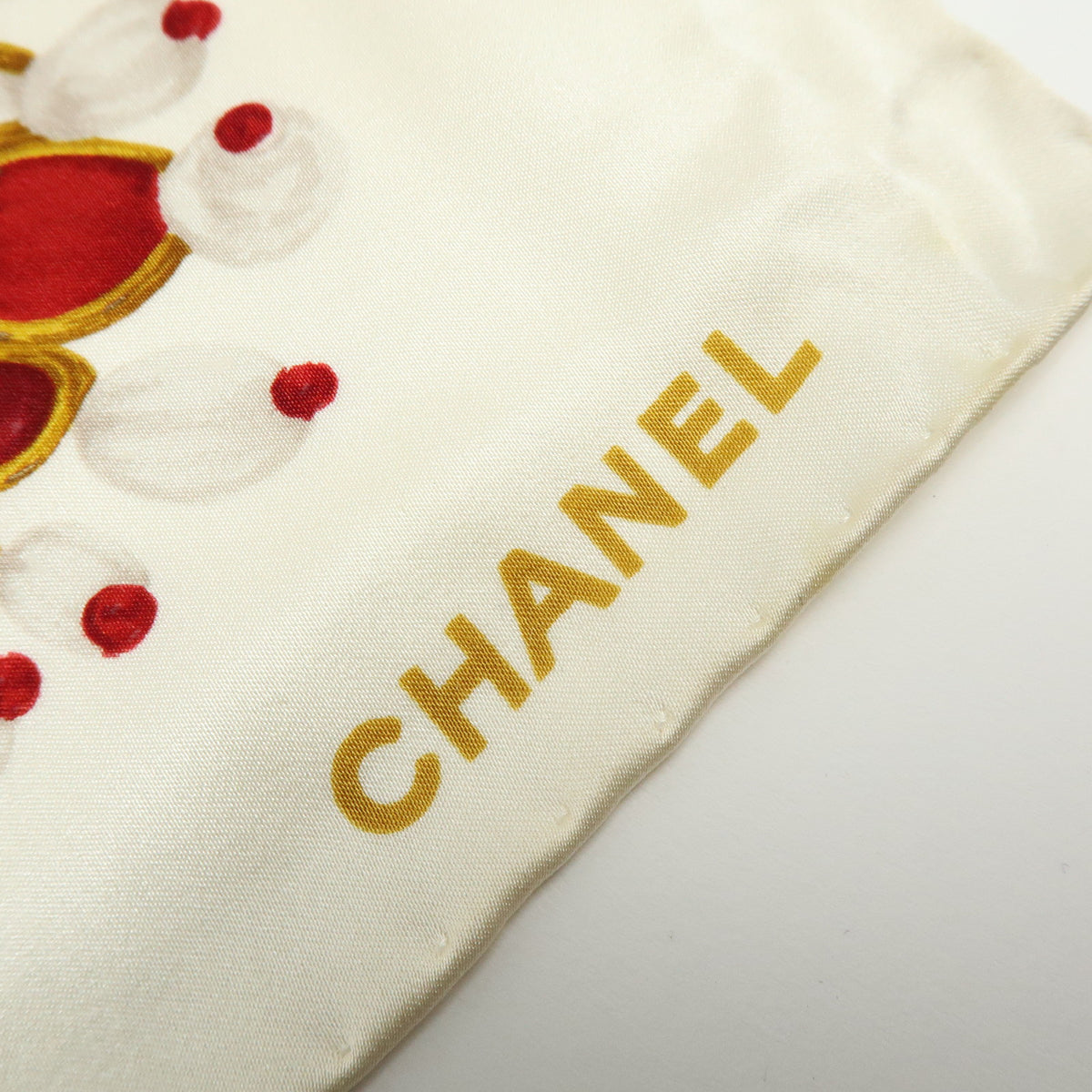 CHANEL COCO Mark Silk 100% Scarf Pearl Jewerly Motif White Red Blue