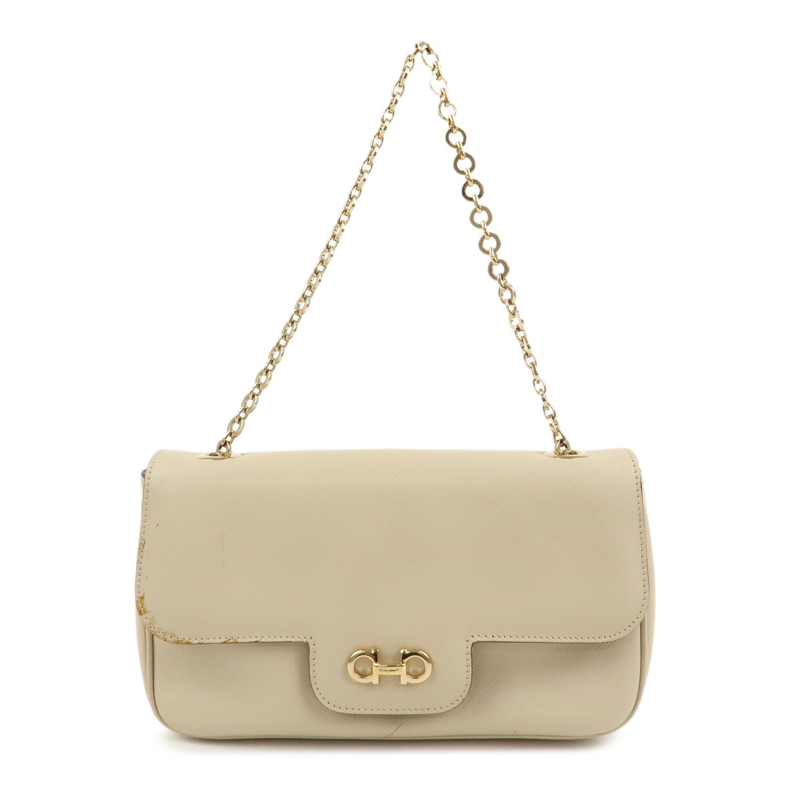 Ferragamo Gancini Leather Chain Shoulder Bag Hand Bag Light Beige