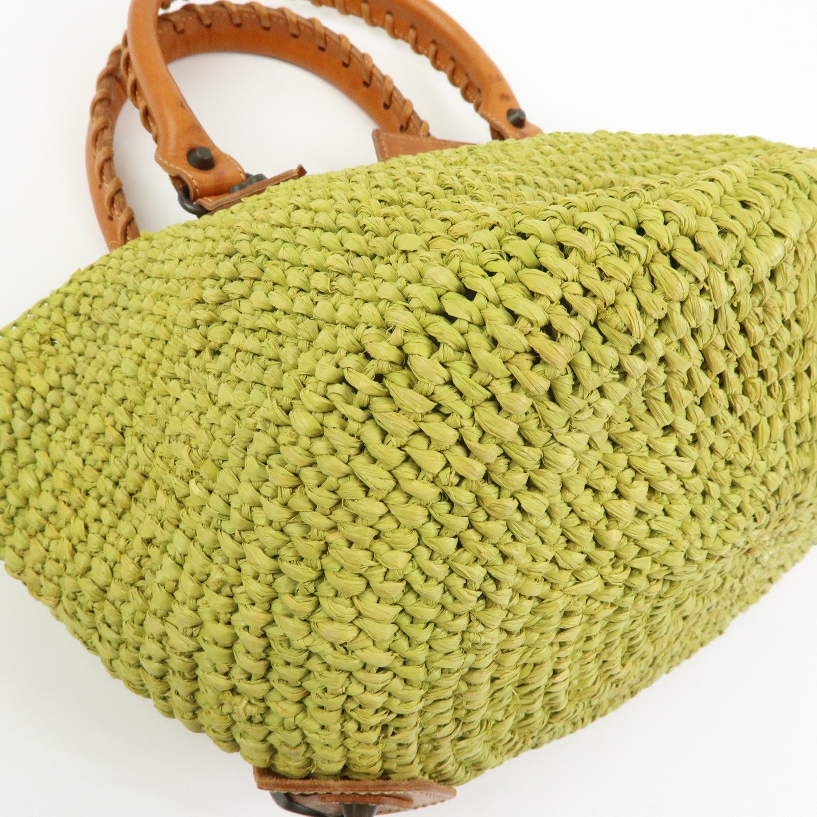 Balenciaga Panier Raffia Leather Basket Tote Bag Green Brown 236741