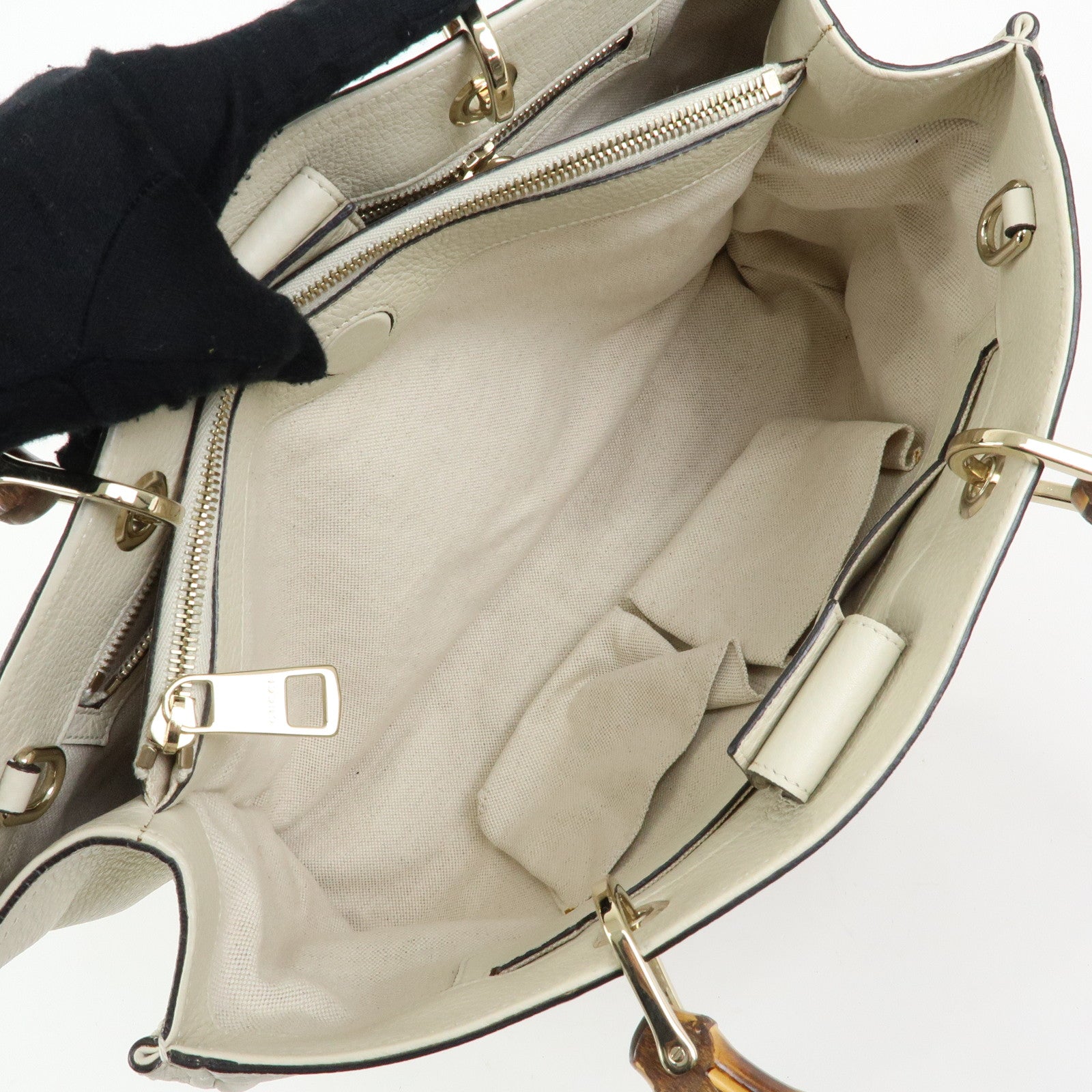 GUCCI Bamboo Shopper Medium Leather 2Way Bag Hand Bag White 323660