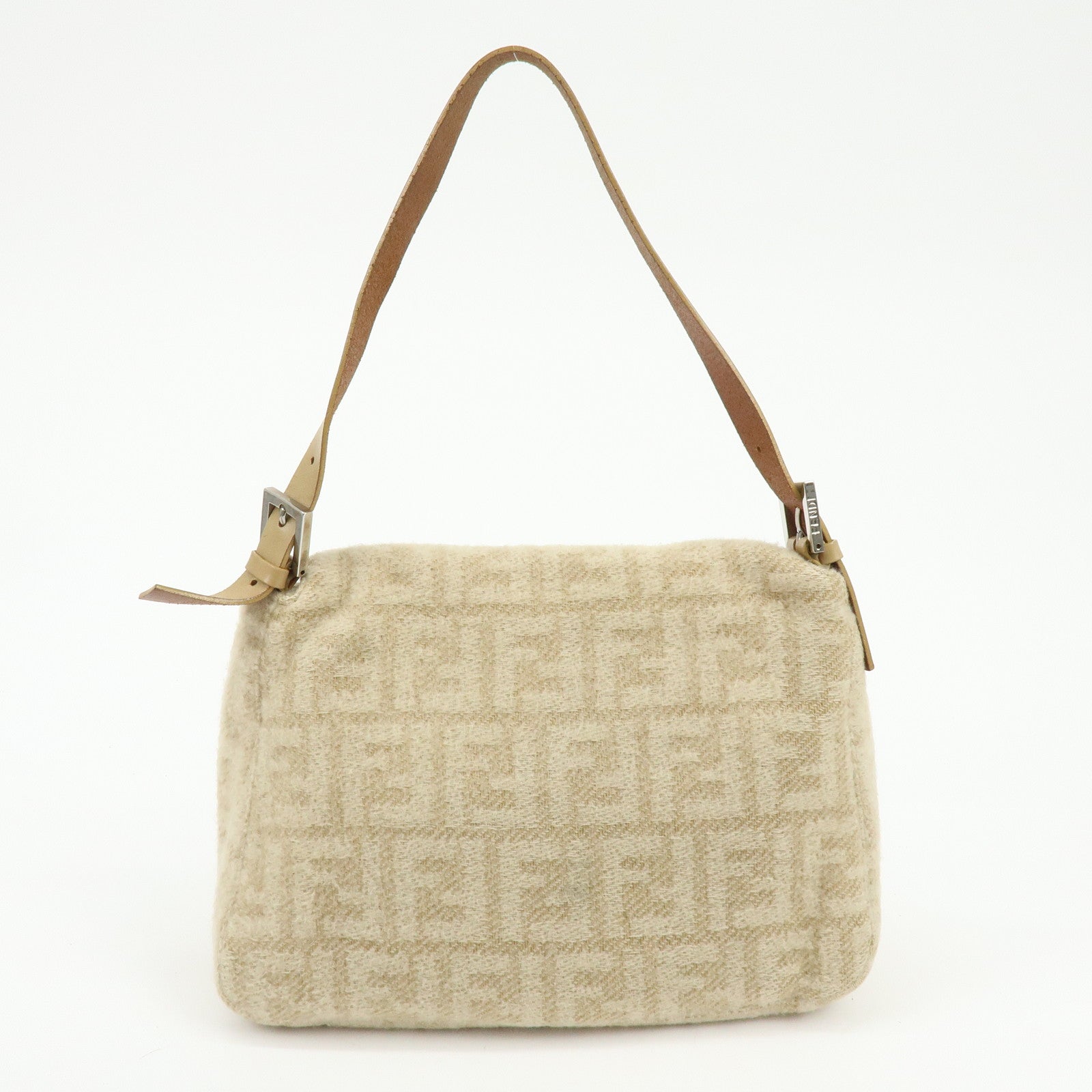 FENDI Mamma Baguette Zucca Wool Leather Shoulder Bag Beige 26325