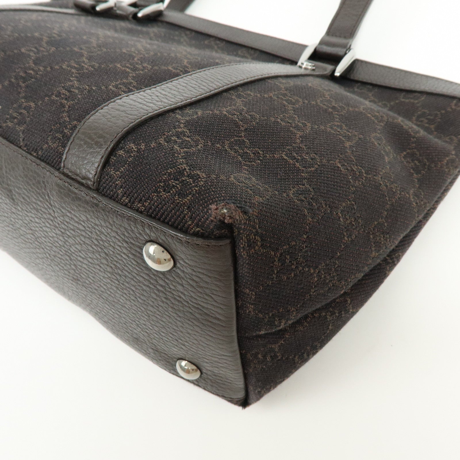 GUCCI Abbey GG Denim Leather Tote Bag Hand Bag Dark Brown 268640