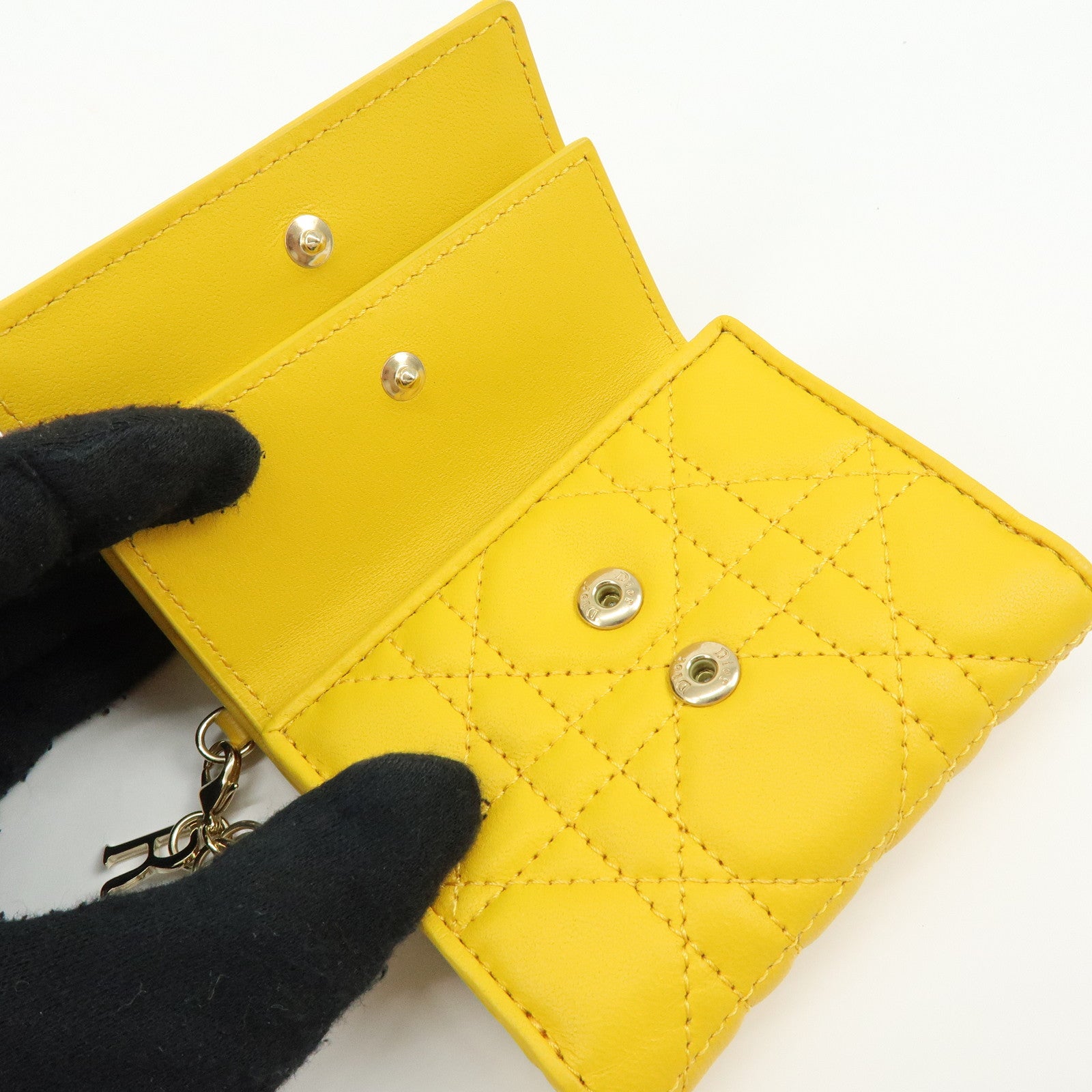 Christian Dior Lady Dior Cannage Leather Lotus Compact Wallet Yellow