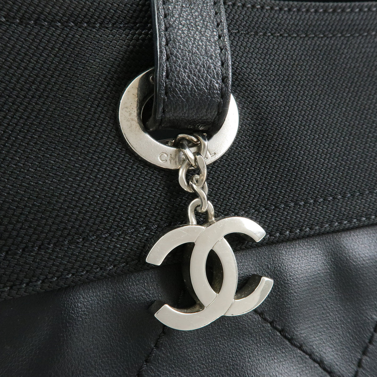 CHANEL Paris Biarritz MM Leather Canvas Tote Bag Hand Bag Black A34209