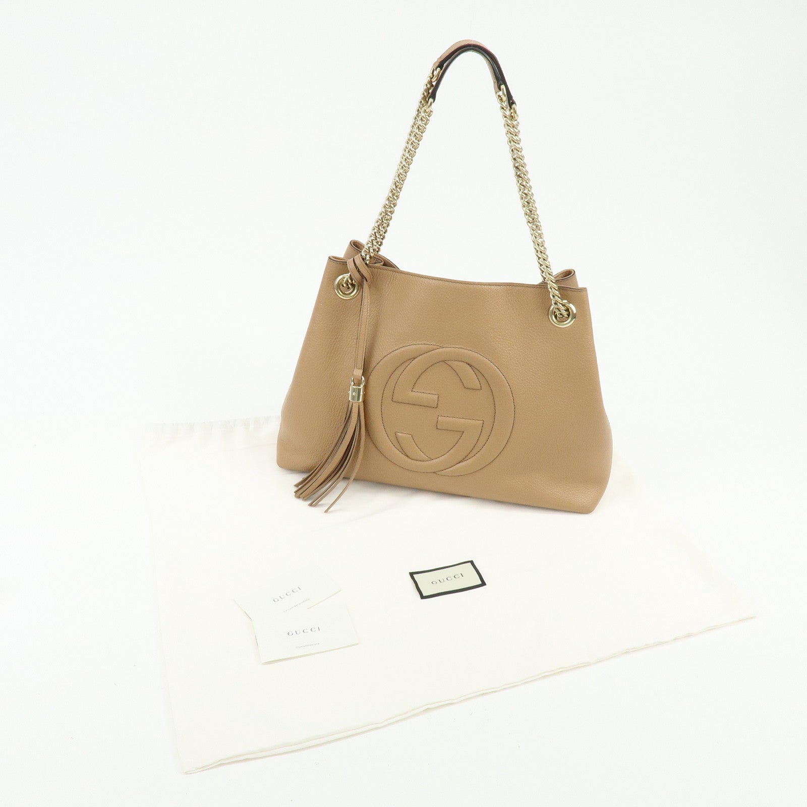 GUCCI SOHO Interlocking G Leather Chain Shoulder Bag Beige 536196