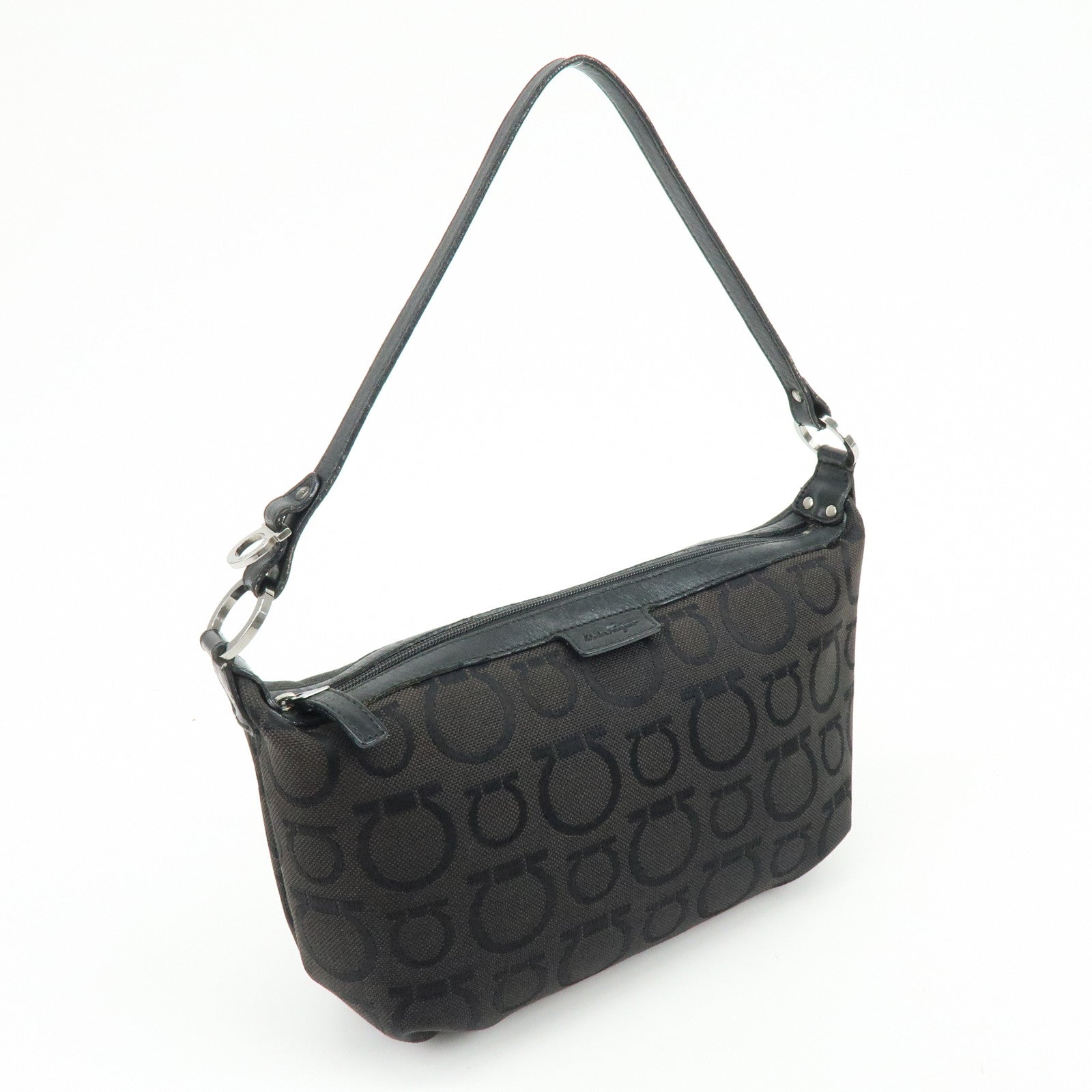 Ferragamo Gancini Canvas Leather Hand Bag Accessory Pouch Black