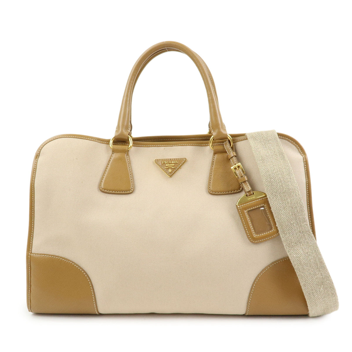 PRADA Triangle Logo Canapa City Canvas Saffiano Leather 2Way Bag Beige