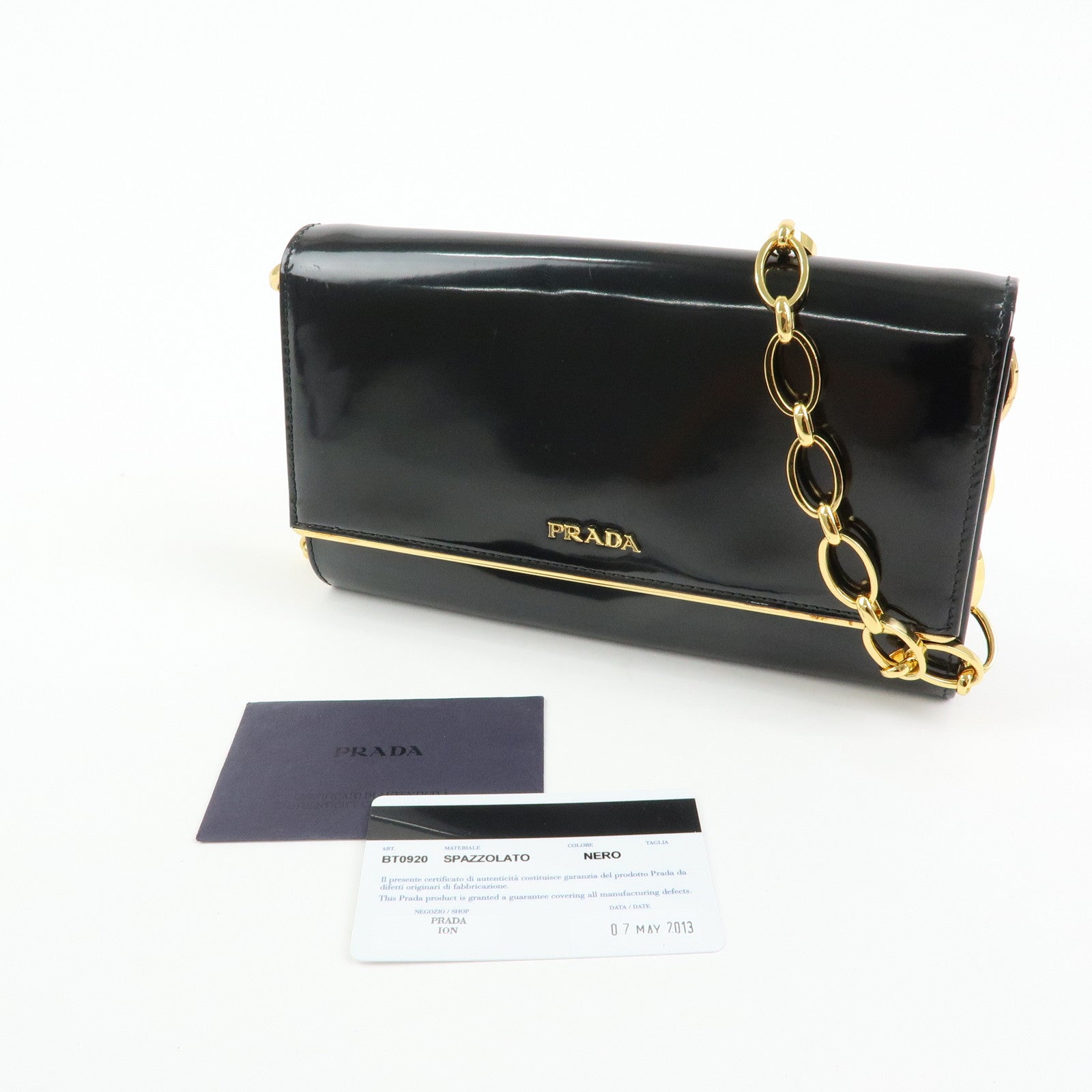 Prada Patent Leather Chain Long Wallet Shoulder Bag Black BT0920