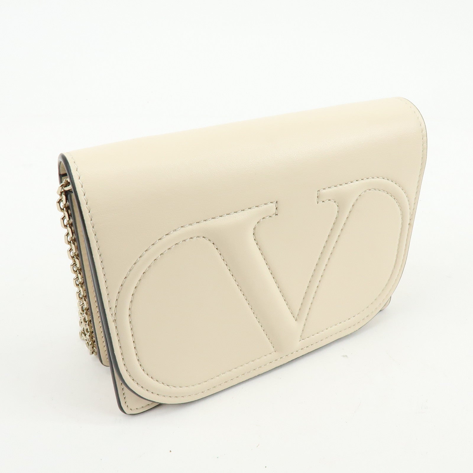 VALENTINO V Logo Leather Chain Shoulder Bag Crossbody Bag Ivory
