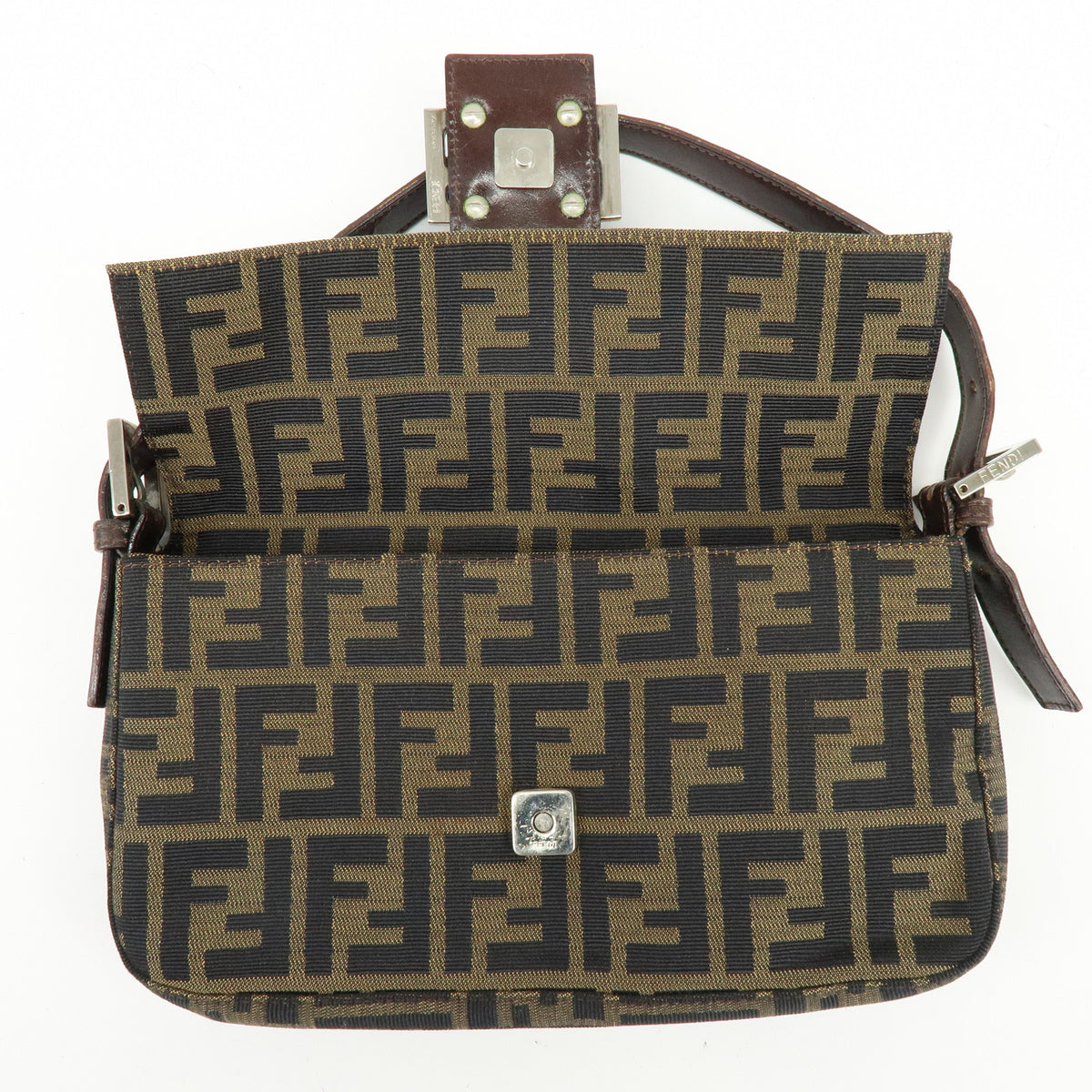FENDI Mamma Baguette Jacquard Canvas Leather Shoulder Bag Brown 26424