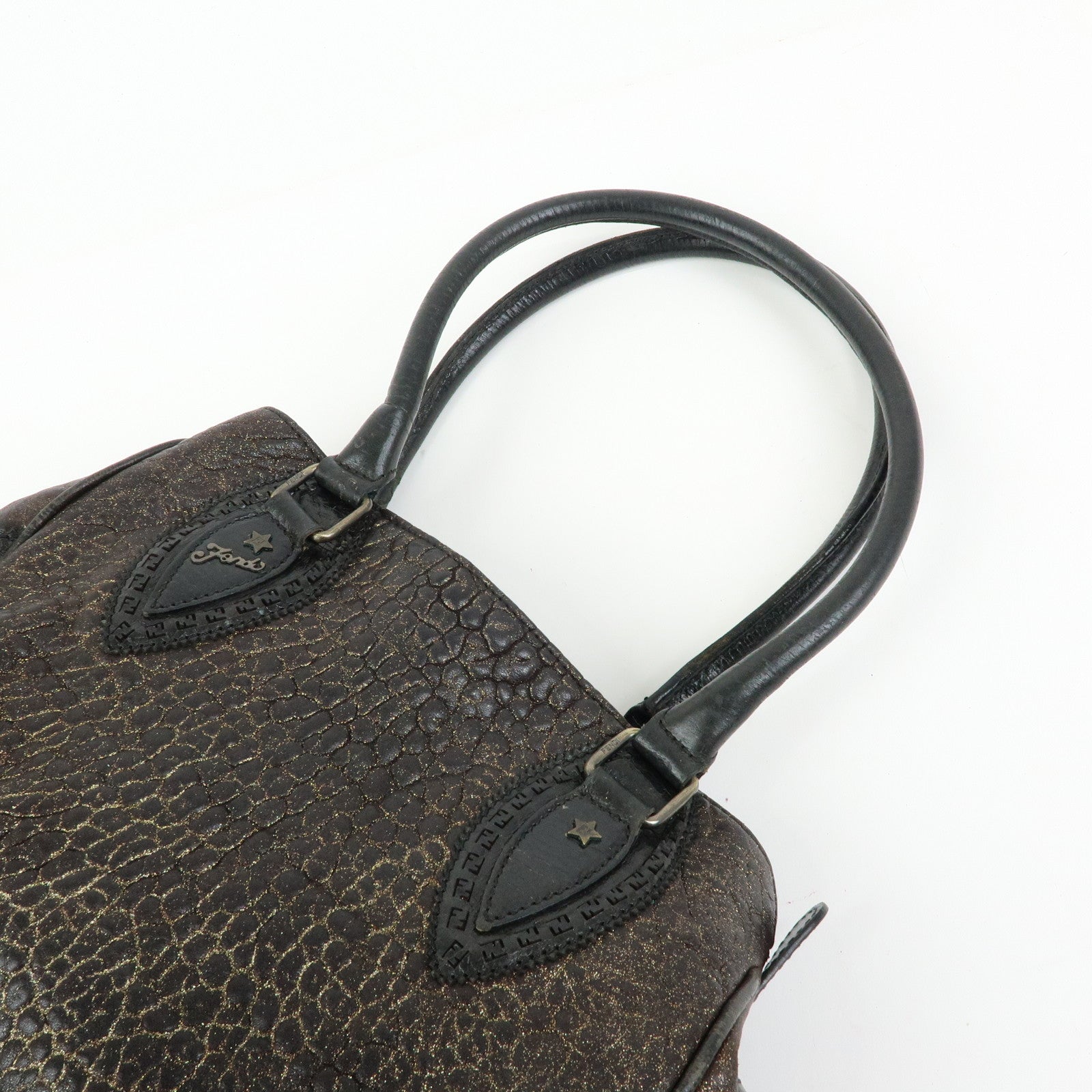 FENDI Etnico Embossed Leather Tote Bag Shoulder Bag Brown Gold 8BN162
