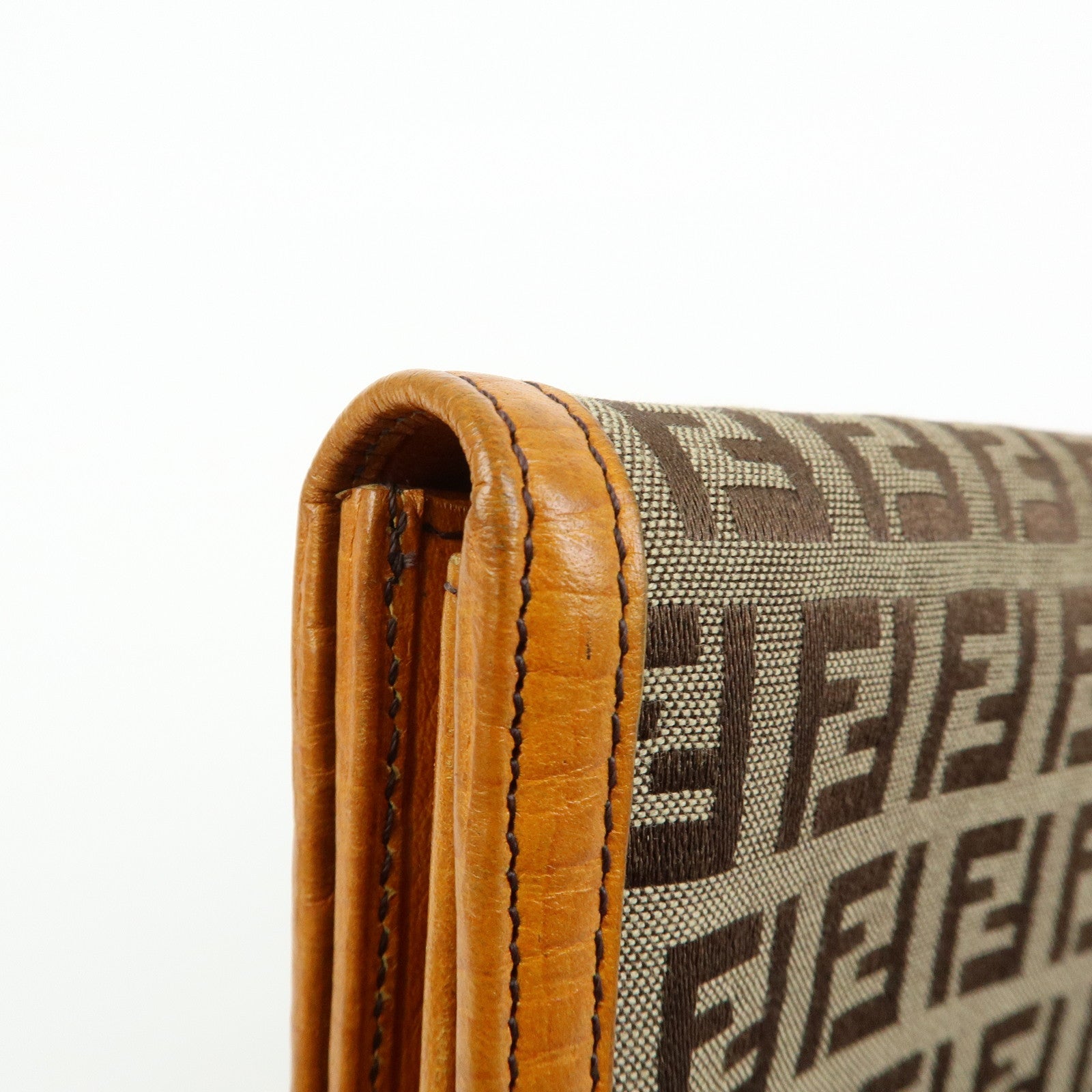 FENDI Zucchino Jacquard Canvas Leather Bi-fold Long Wallet Beige 8M0000
