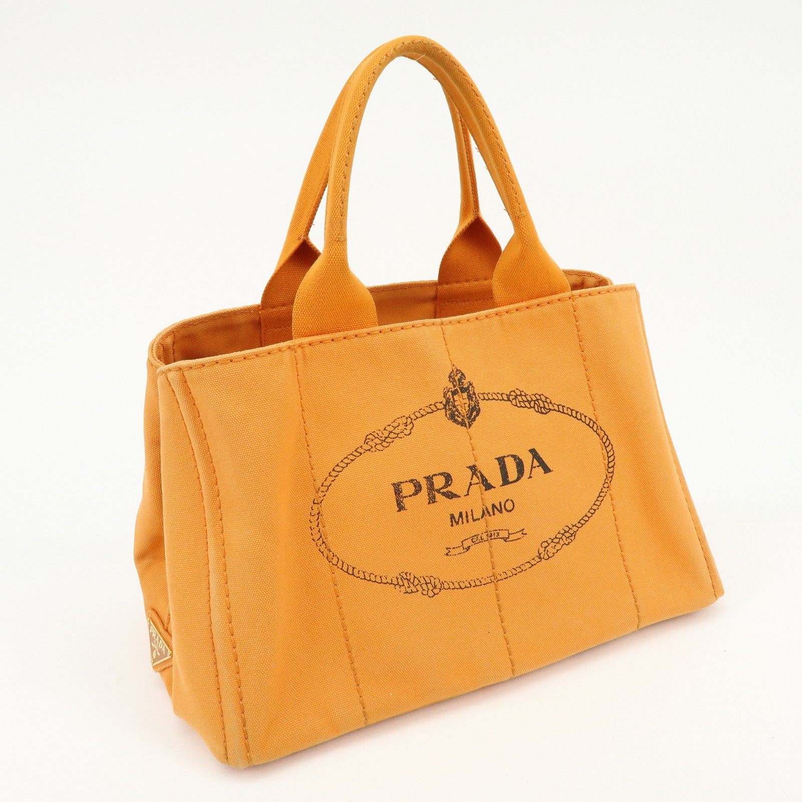 PRADA Canapa Triangle Logo Canvas Tote Bag Hand Bag Orange 1BG642