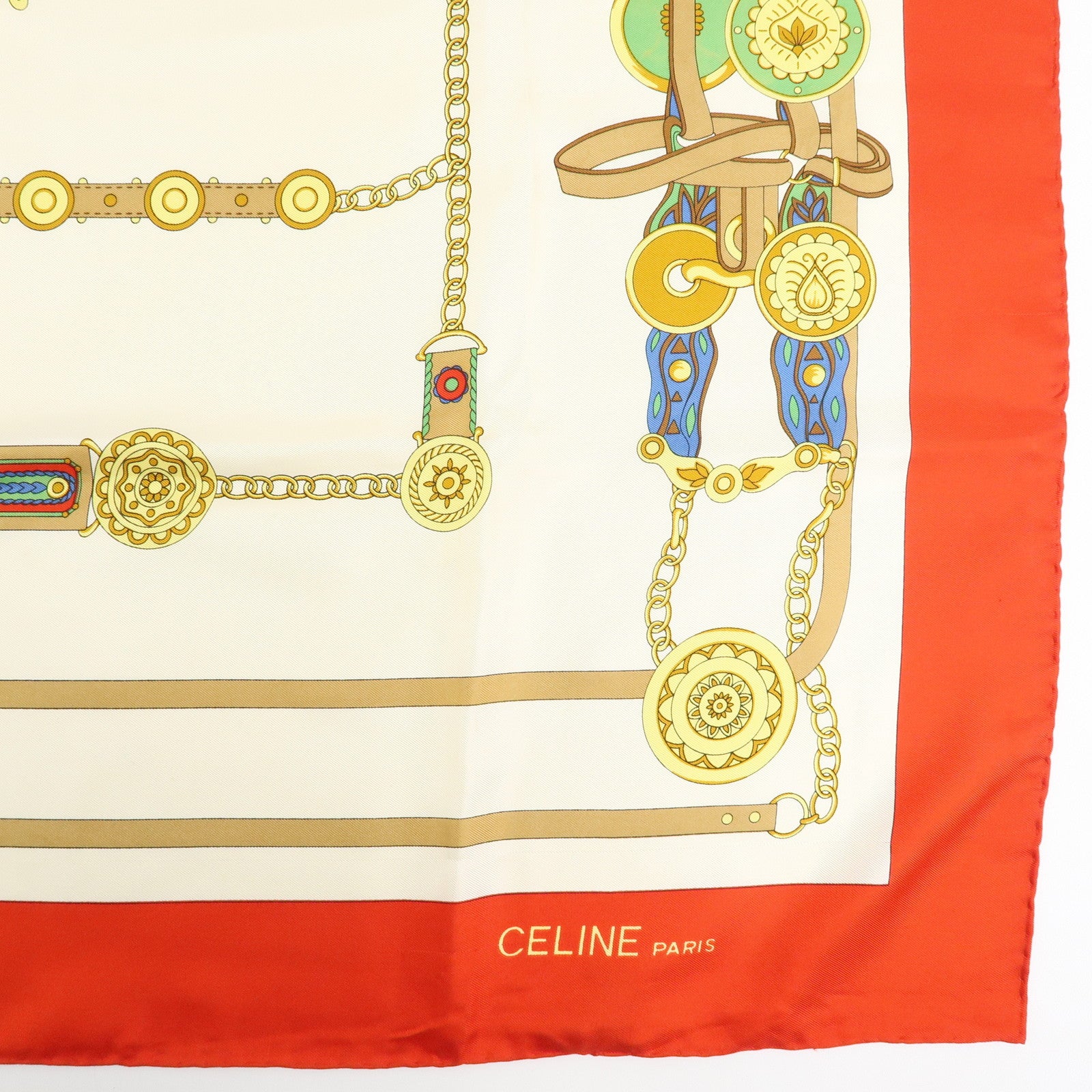 CELINE FENDI Lot of 2 Silk 100% Scarf Chain Motif Red White Blue