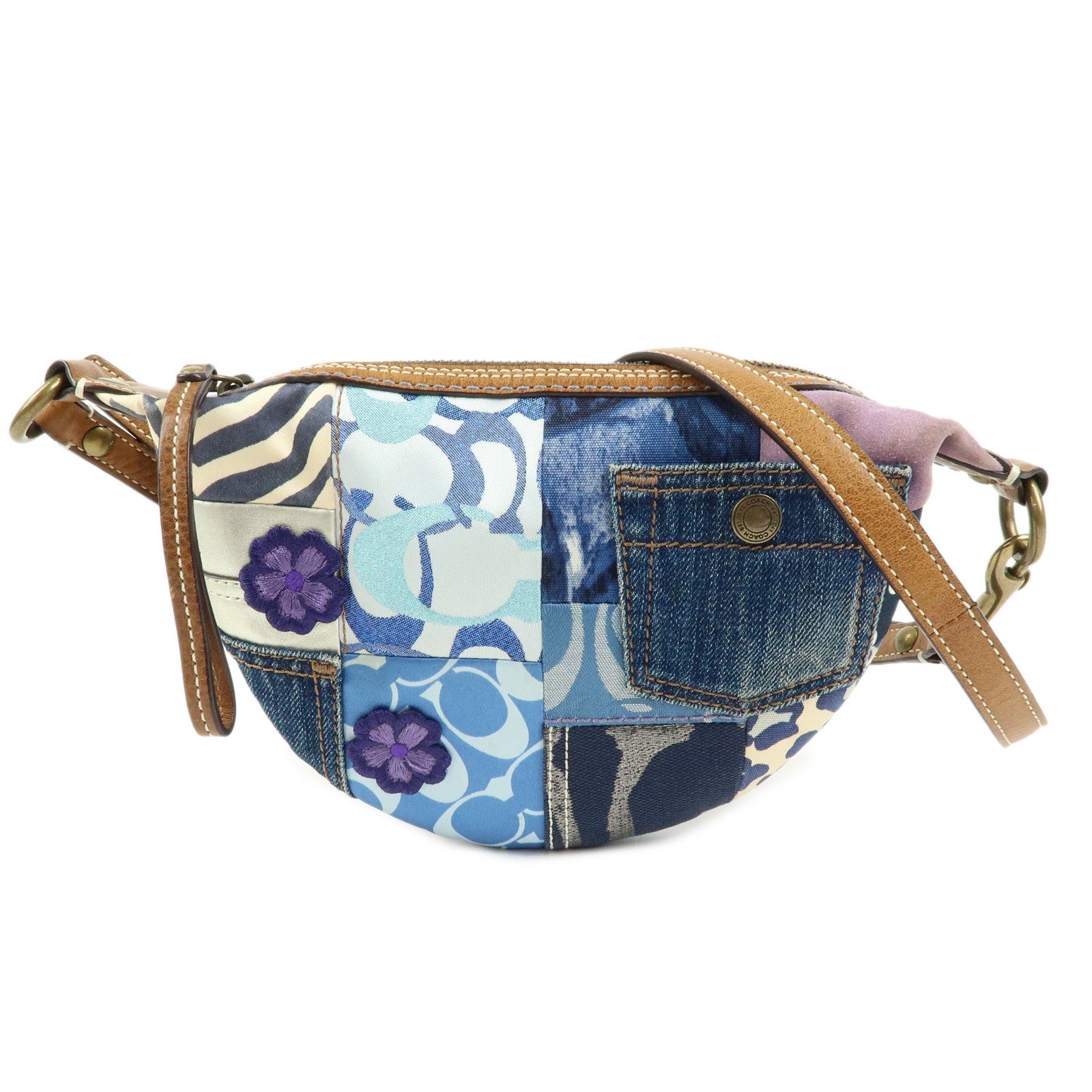 COACH Sigunature Canvas Silk Leather Patchwork Shoulder Bag Blue Brown
