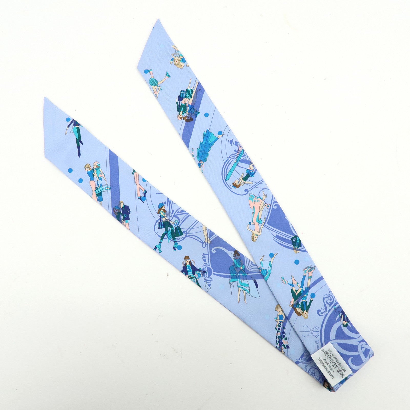 HERMES Twilly Silk 100%  Scarf Ex-Libris Les Parisiennes Light Blue