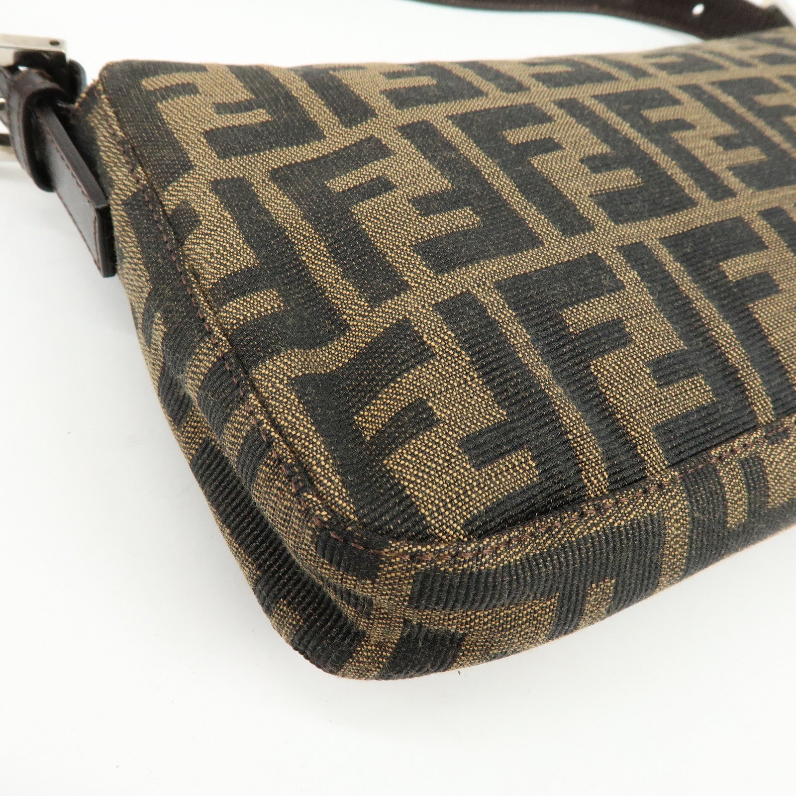 FENDI Mamma Baguette Jacquard Canvas Leather Shoulder Bag Brown 26424