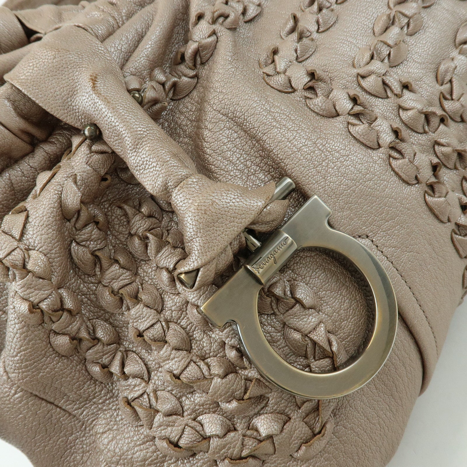 Ferragamo Gancini Leather Hand Bag Shoulder Bag Braid Pink Beige