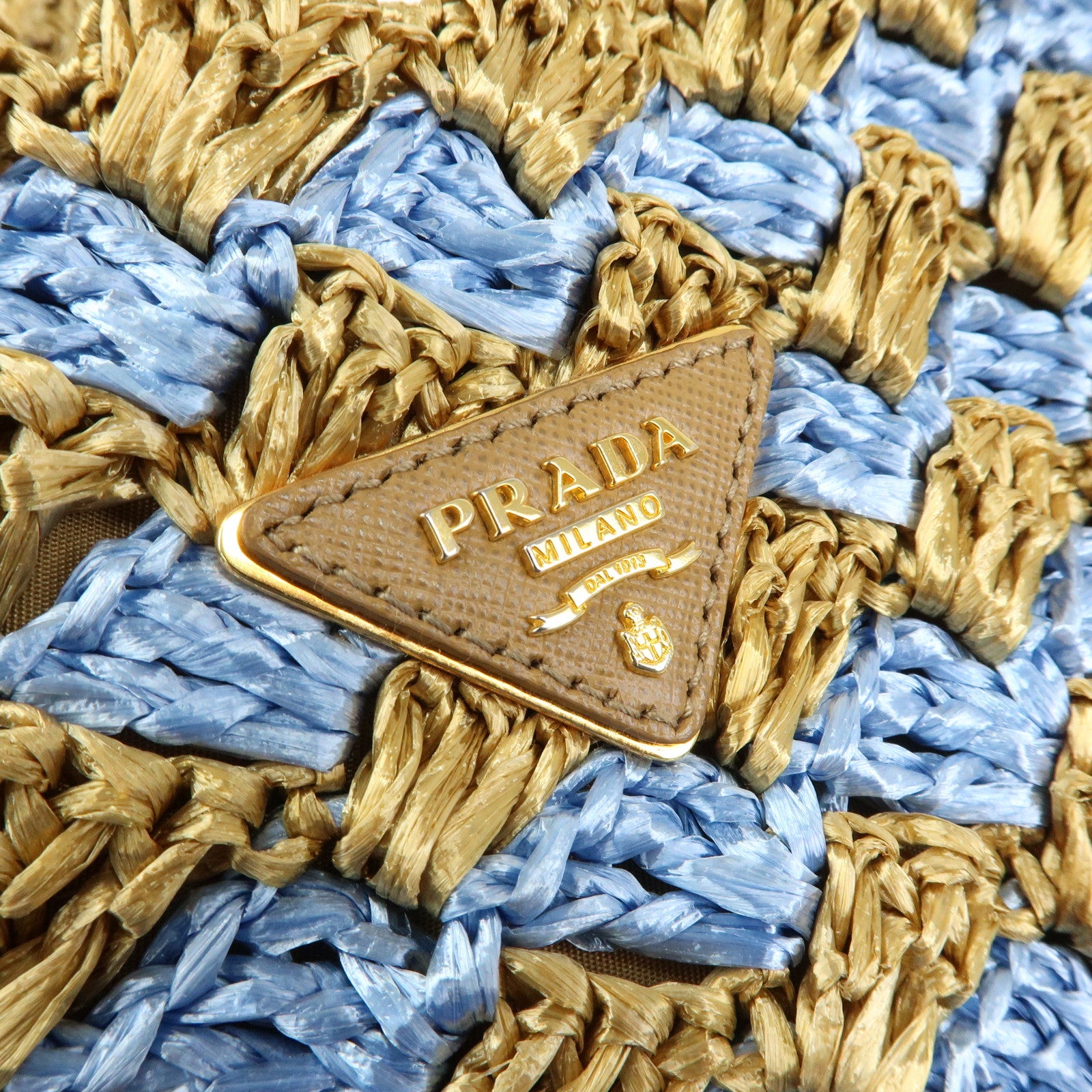 PRADA Triangle Logo Canapa Raffia Tote Bag Hand Bag Beige Blue