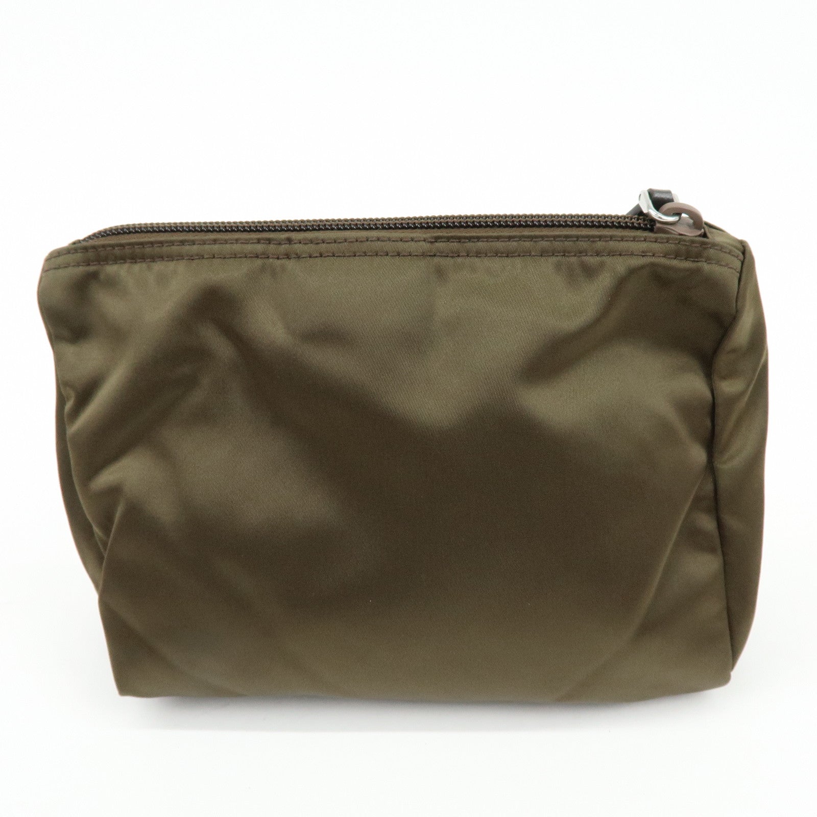PRADA Triangle Logo Nylon Leather Pouch Cosmetic Makeup Bag Khaki