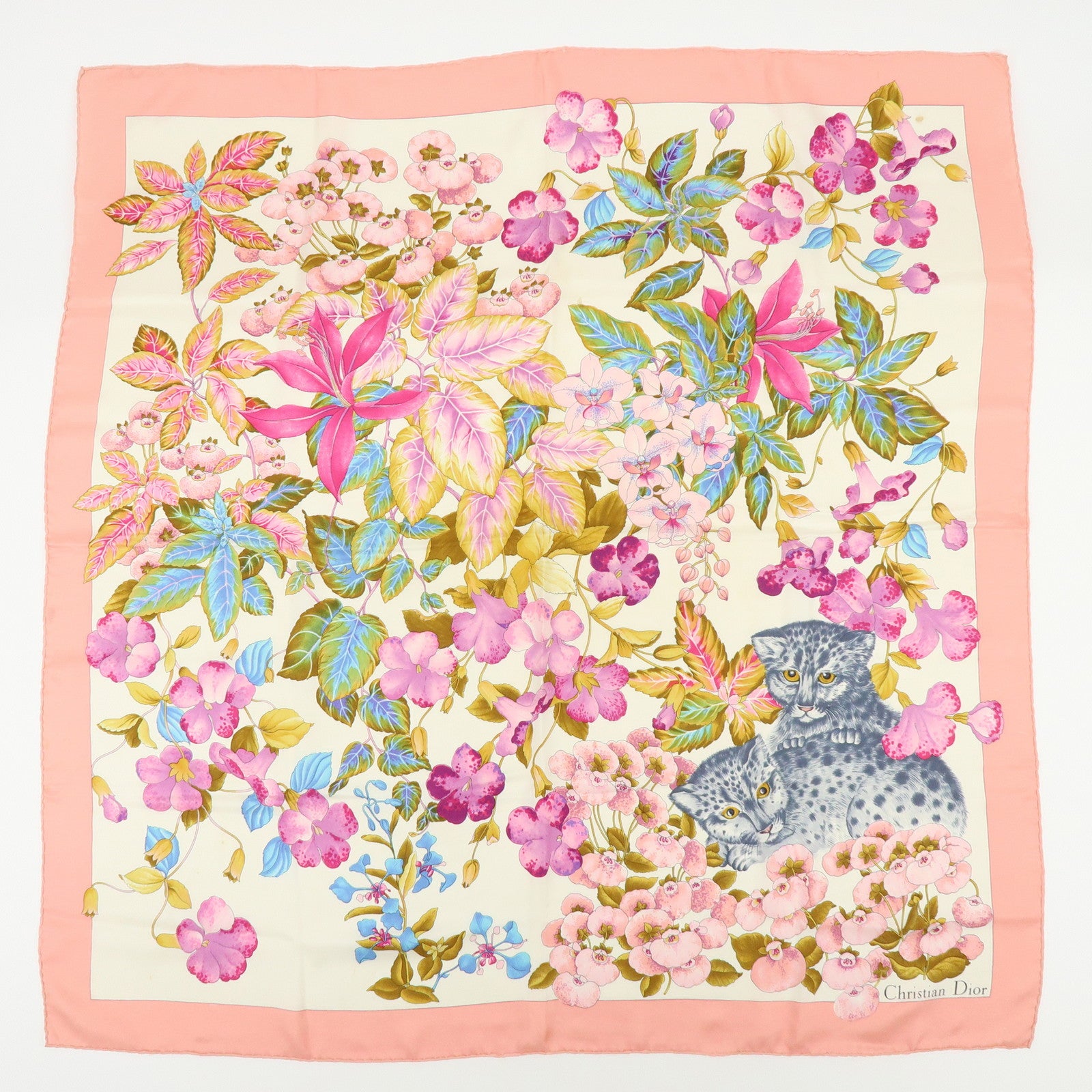 Christian Dior Set of 2 Silk 100% Scarf Flower Cat Paisley Pink Black