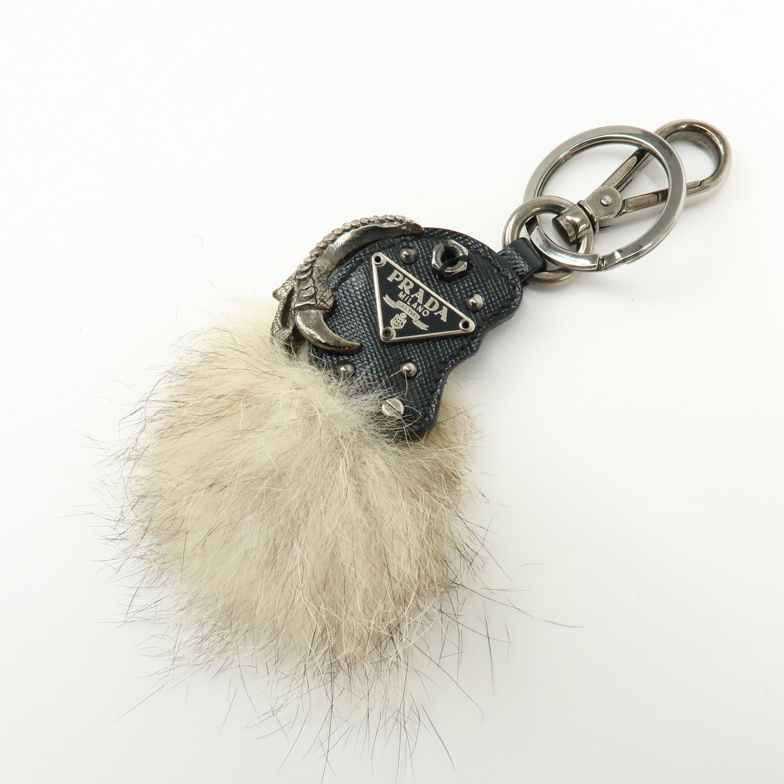 PRADA Triangle Log Saffiano Leather Fur Bag Charm Key Charm Beige