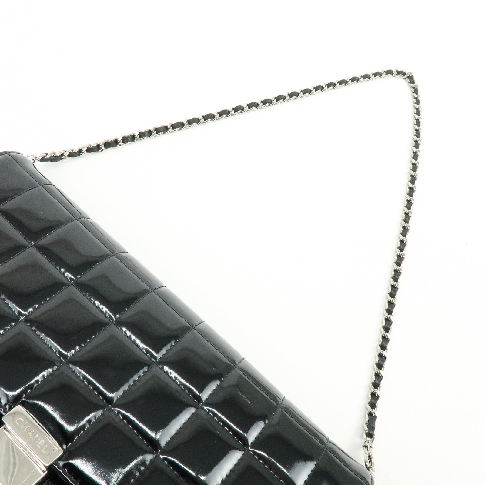 CHANEL Chocolate Bar COCO Mark Patent Leather Shoulder Bag Black Silver