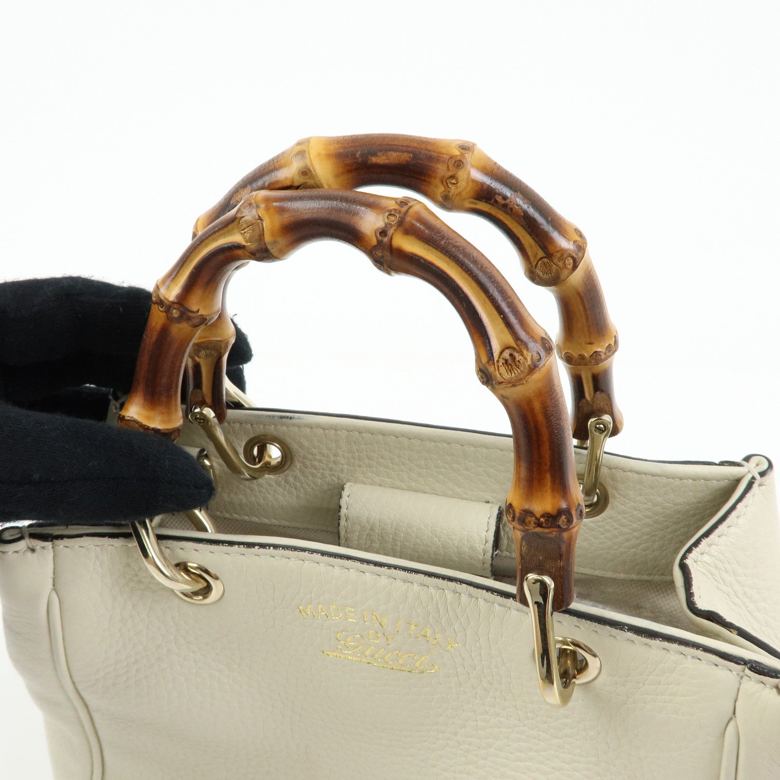 GUCCI Bamboo Mini Shopper Leather 2Way Bag Hand Bag White 368823