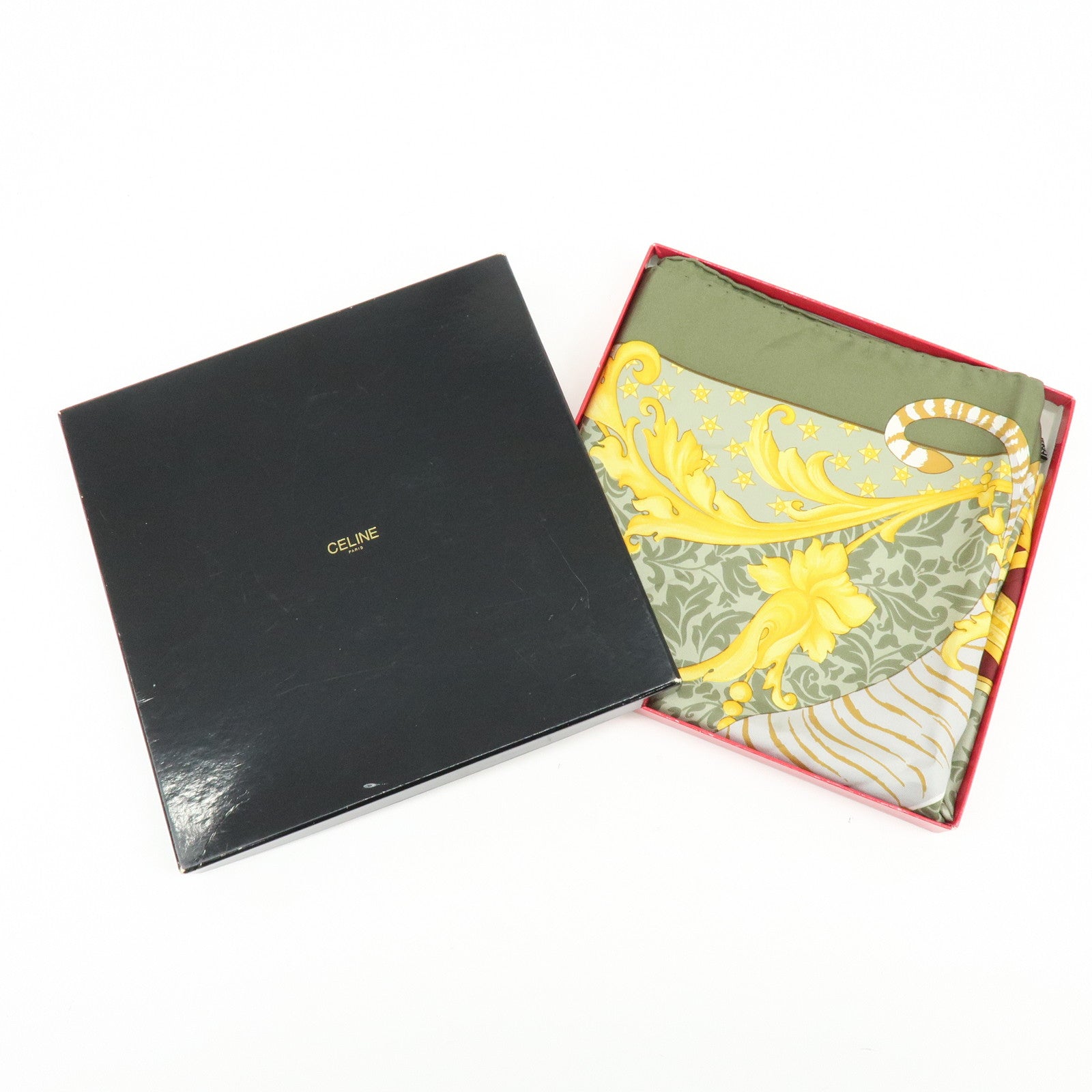 CELINE Silk100% Tiger Print Baroque Motif Scarf Shawl Green Yellow