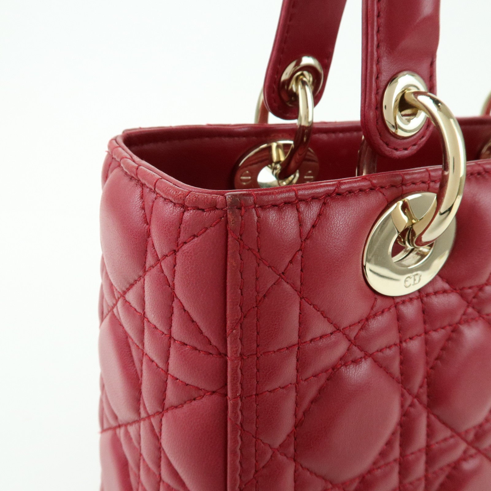 Christian Dior Lady Dior Cannage Lamb Skin Hand Bag Red